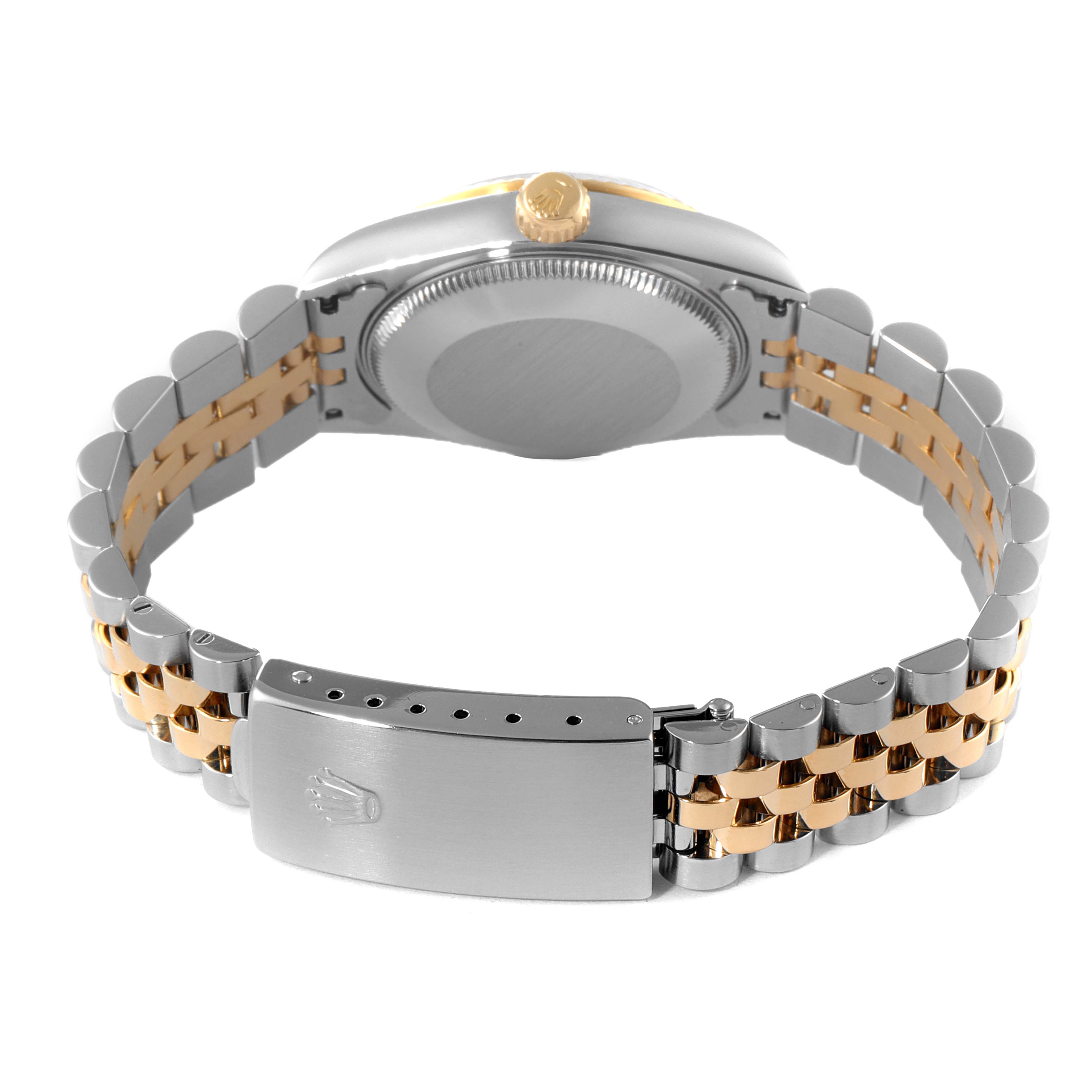 The image shows the back view of a Rolex Mid-Size 68273 Women's Steel and Gold (two tone) Champagne Dial 68273 Women's Steel and Gold (two tone) Champagne Dial model watch, focusing on the clasp, bracelet, and case back.