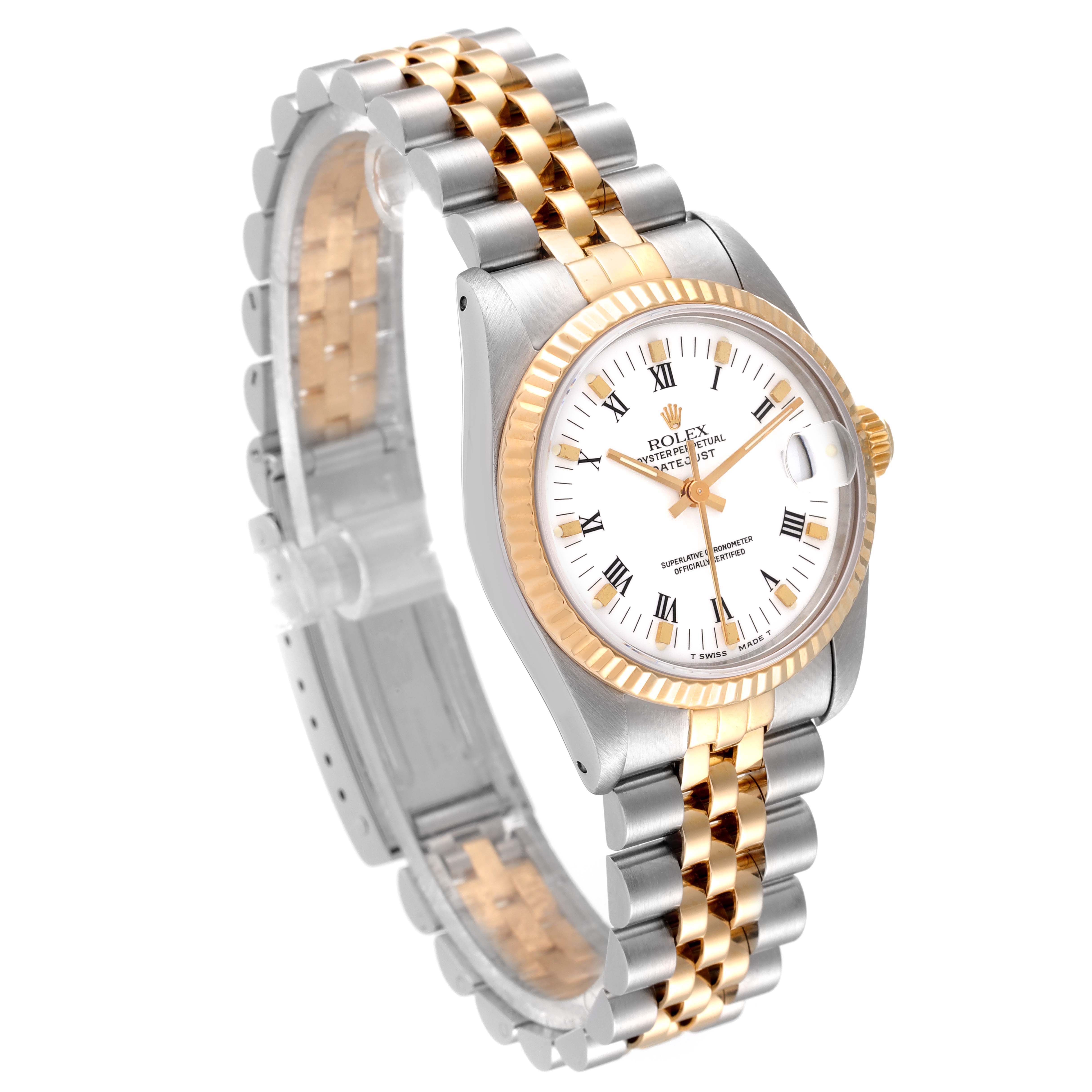 The image shows a Rolex Mid-Size 68273 Women
s Steel and Gold (two tone) White Dial 68273 Women
s Steel and Gold (two tone) White Dial watch at a 3/4 angle, highlighting the face, bezel, and two-tone bracelet.