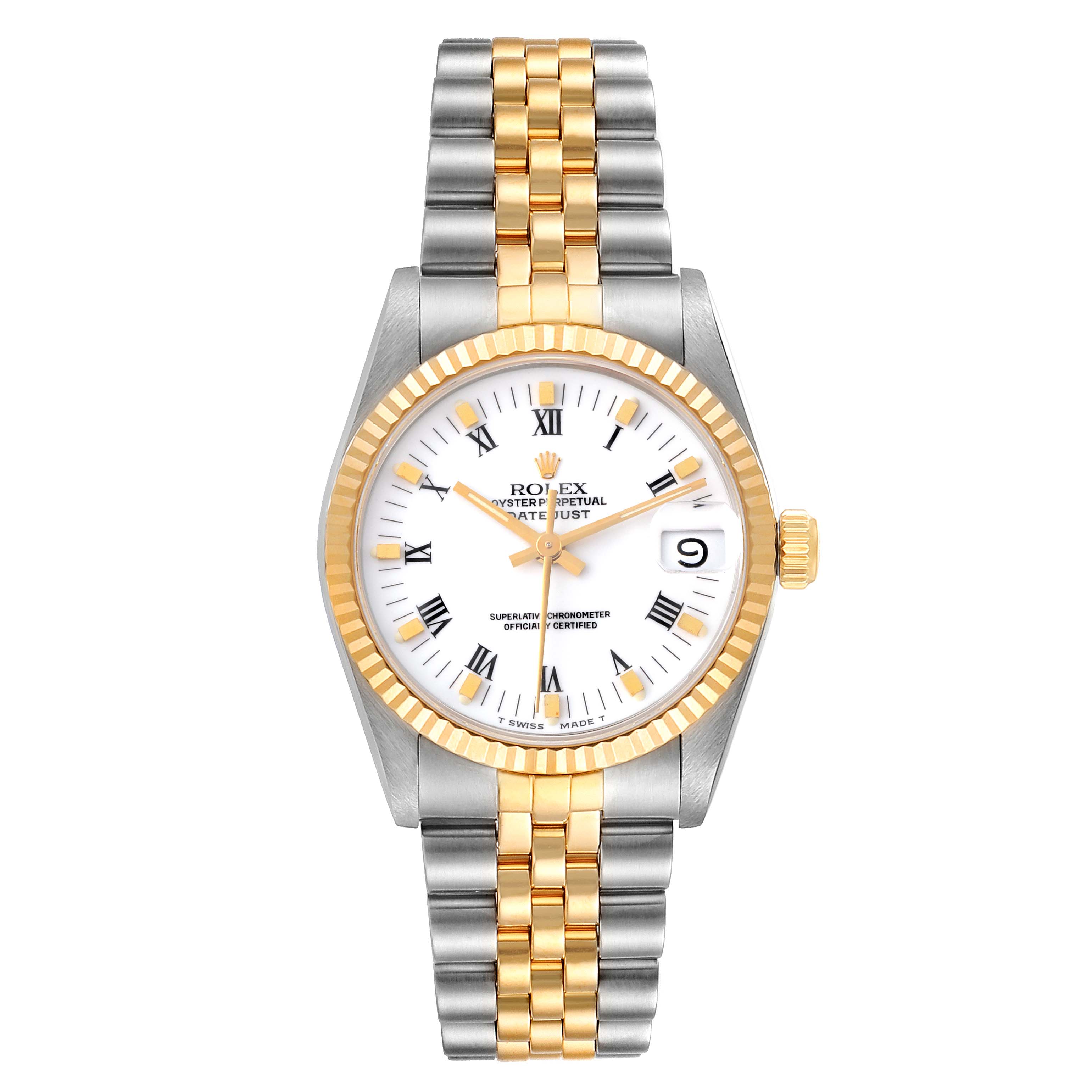 The image shows a front view of a Rolex Mid-Size 68273 Women
s Steel and Gold (two tone) White Dial 68273 Women
s Steel and Gold (two tone) White Dial Datejust watch, featuring a two-tone bracelet and a fluted bezel.