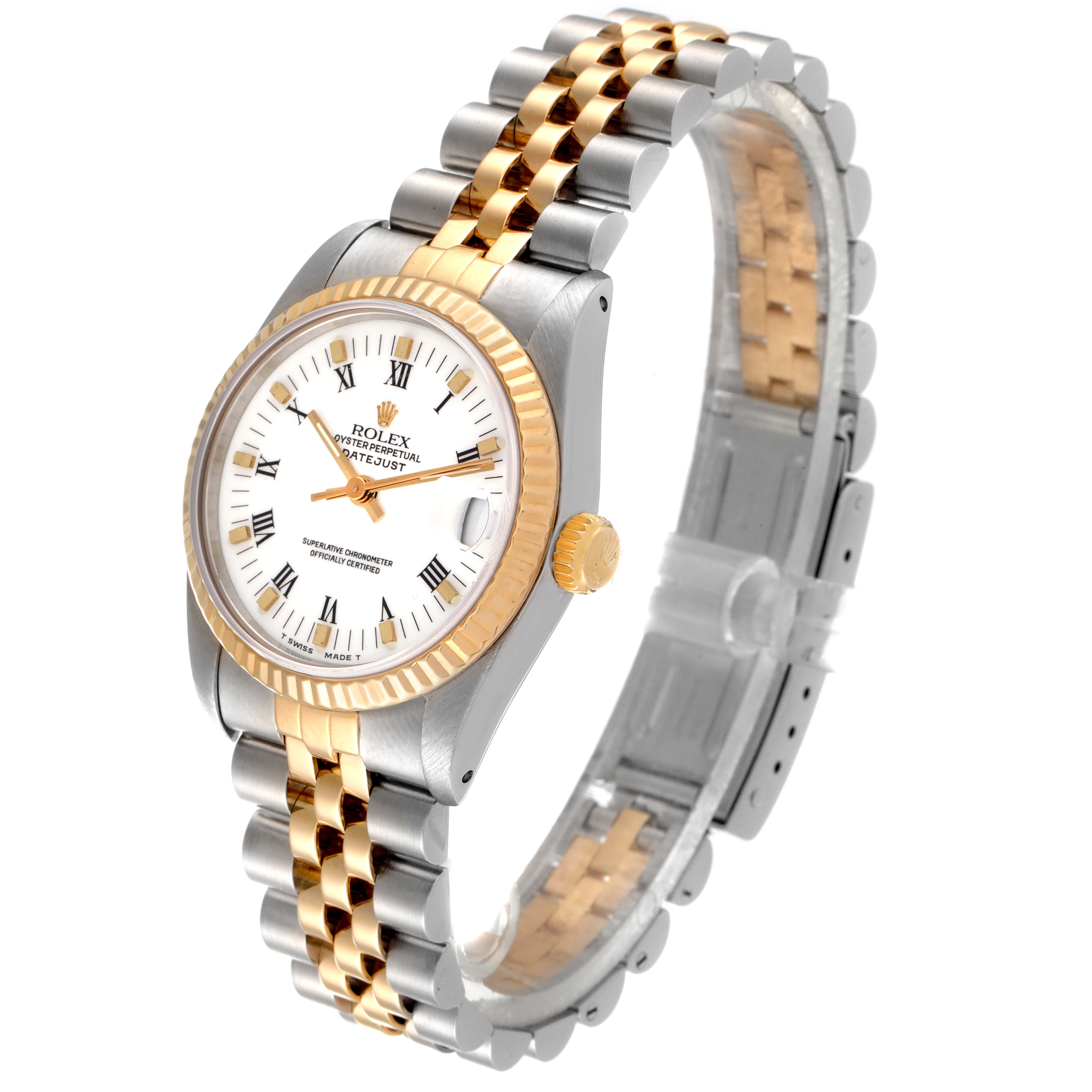 This image shows a Rolex Mid-Size 68273 Women
s Steel and Gold (two tone) White Dial 68273 Women
s Steel and Gold (two tone) White Dial Oyster Perpetual Datejust watch from an oblique front angle, highlighting its two-tone bracelet and bezel.
