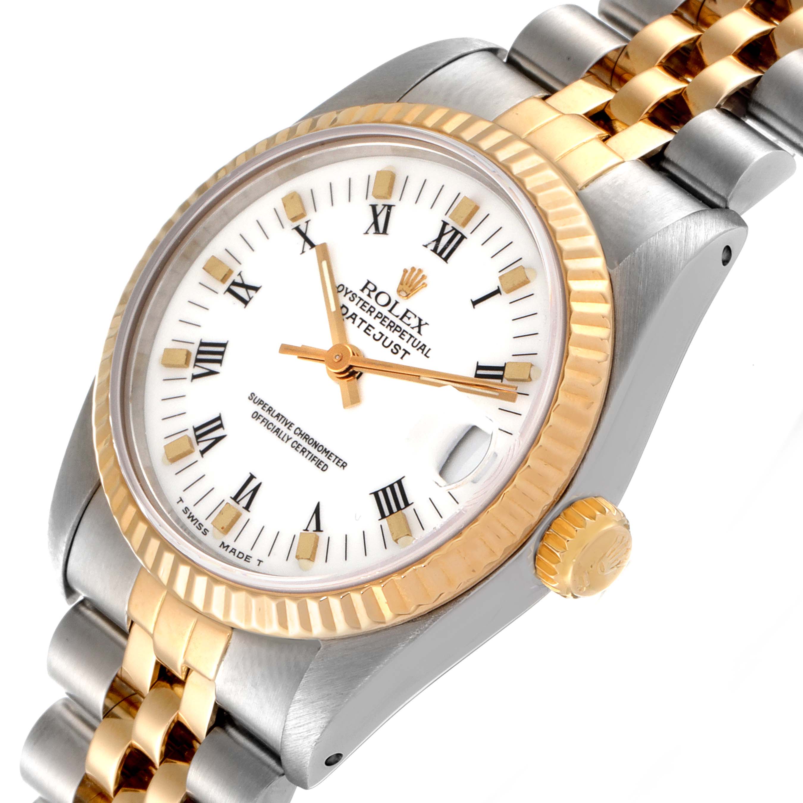 This image shows a Rolex Mid-Size 68273 Women
s Steel and Gold (two tone) White Dial 68273 Women
s Steel and Gold (two tone) White Dial Oyster Perpetual Datejust watch from an angled close-up, highlighting the dial, bezel, and bracelet.