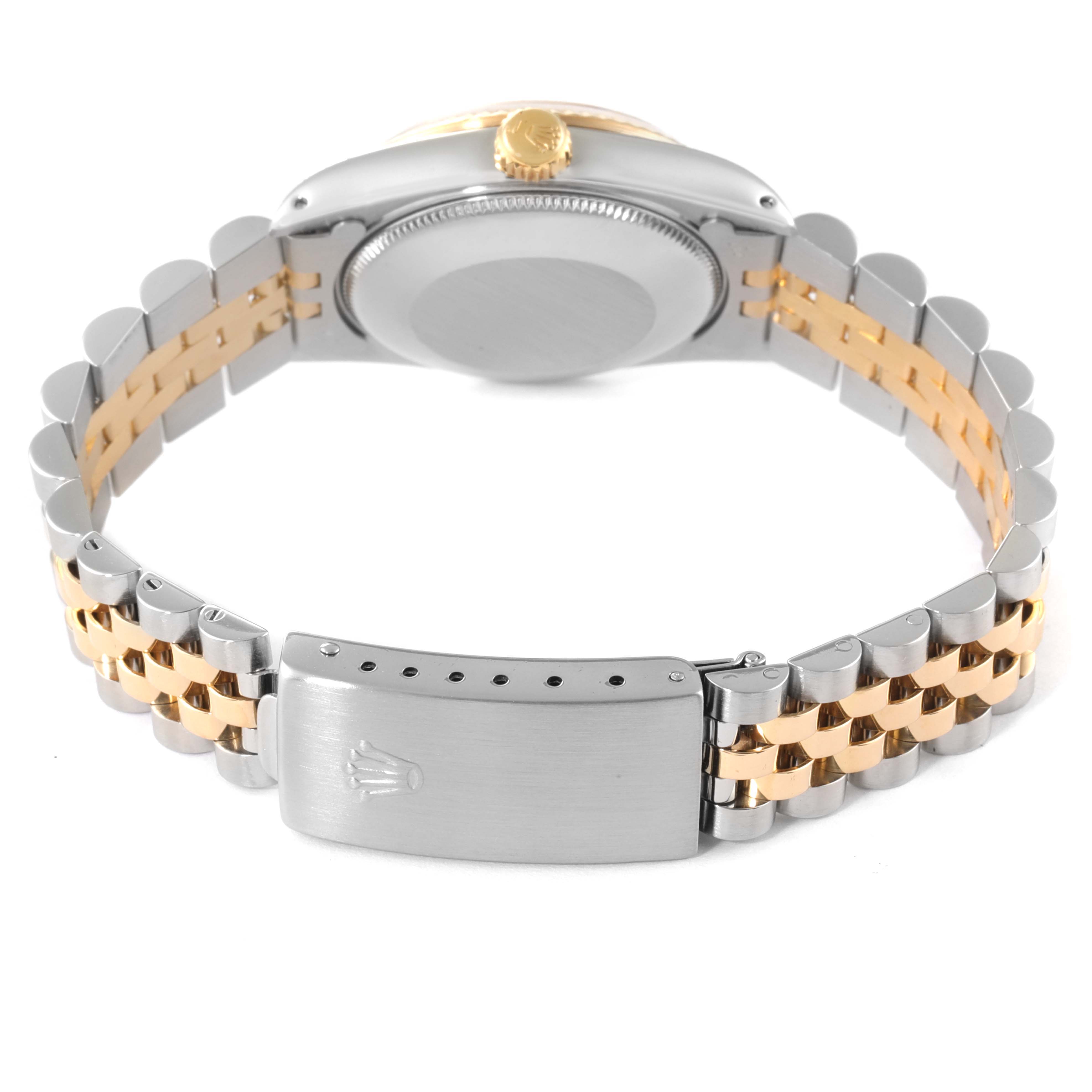 The image shows the back of a Rolex Mid-Size 68273 Women
s Steel and Gold (two tone) White Dial 68273 Women
s Steel and Gold (two tone) White Dial watch, focusing on the case back, crown, and two-tone bracelet with a clasp.