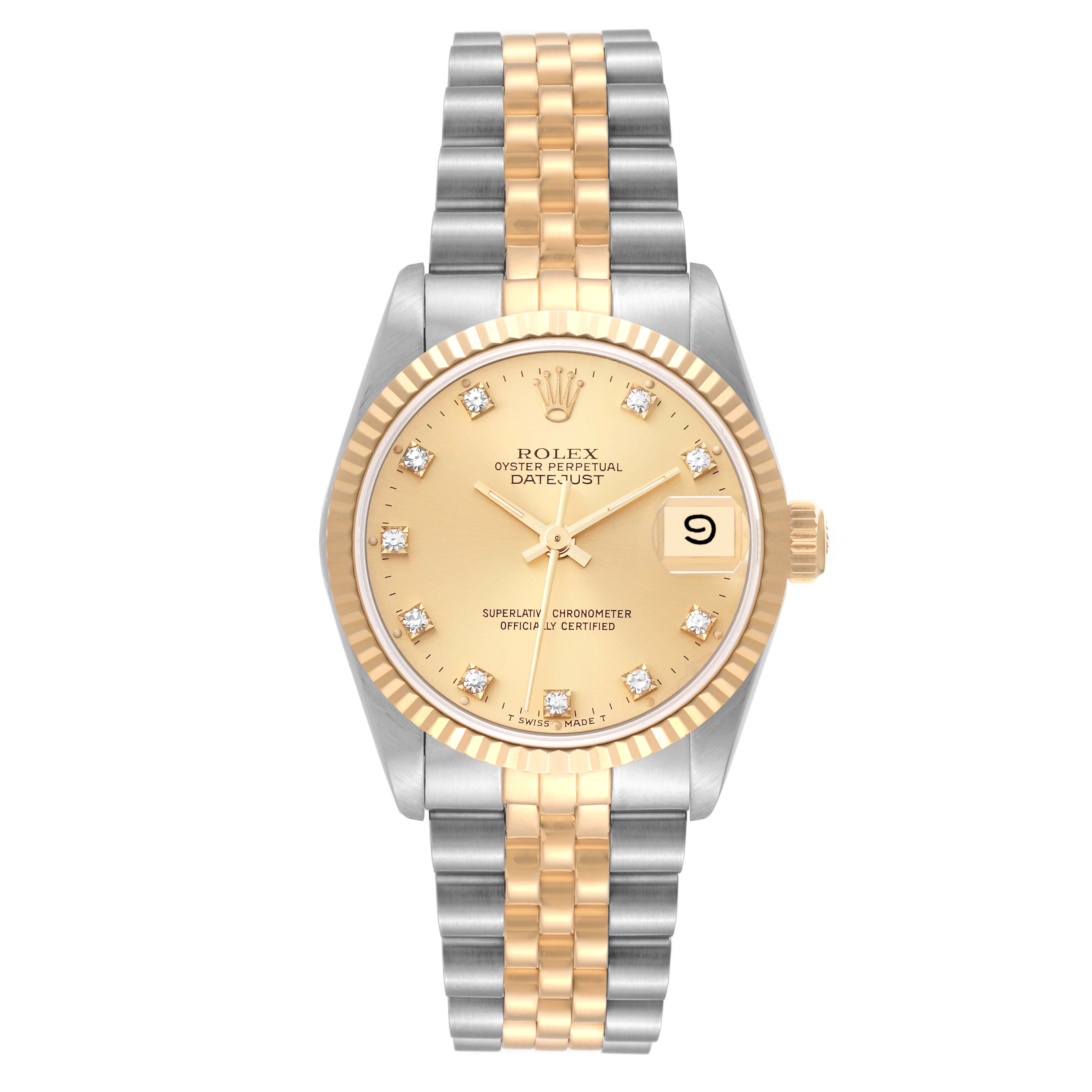 The image shows a front view of the Rolex Oyster Perpetual Datejust Mid-Size model, highlighting its face, dial, bezel, and two-tone bracelet.