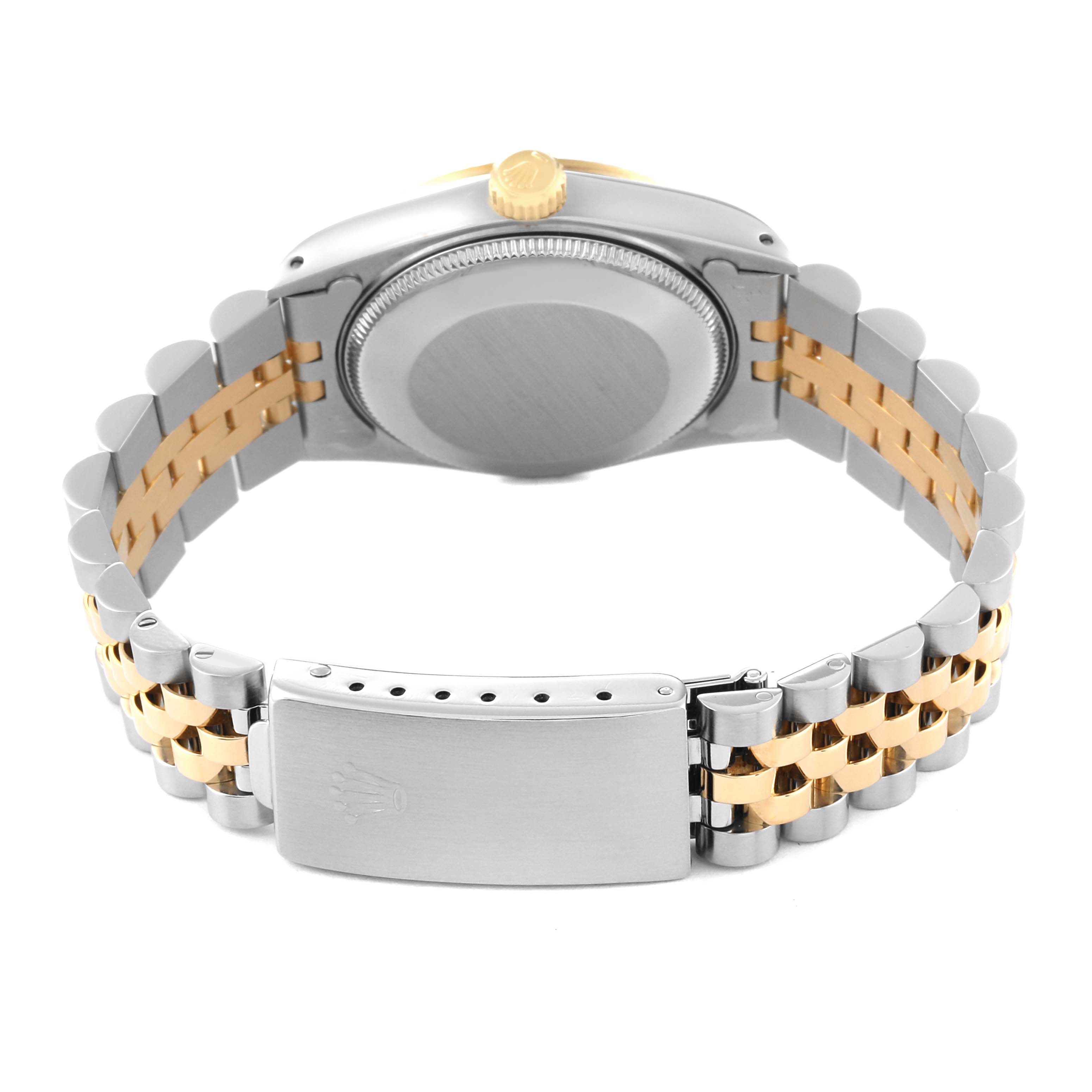 This image shows the back view of a Rolex Mid-Size 68273G Women's Steel and Gold (two tone) Champagne Dial 68273G Women's Steel and Gold (two tone) Champagne Dial watch, showcasing the case back, crown, and two-tone bracelet with clasp.