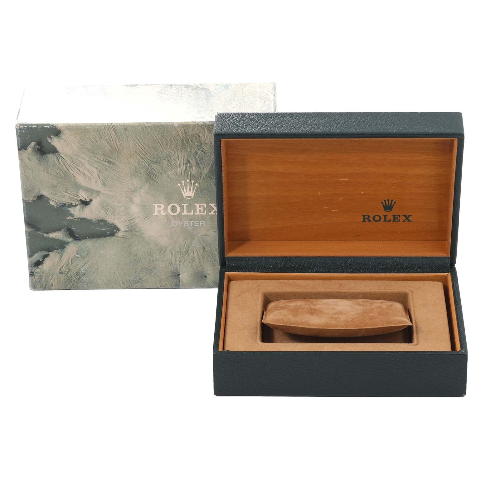 The image shows the packaging of a mid-size Rolex watch, including an open wooden box and an outer cardboard box.
