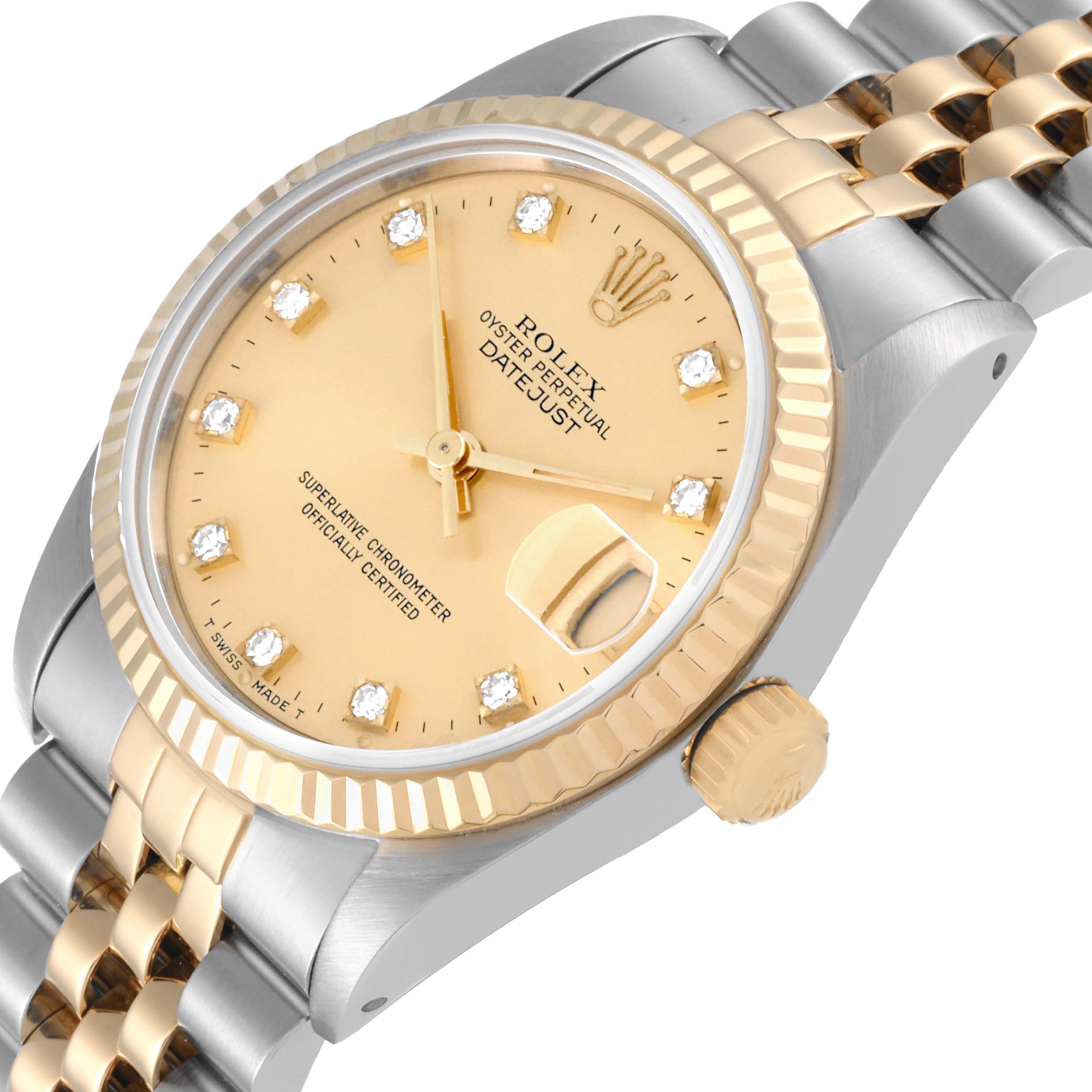 This image shows a close-up angle of the Rolex Mid-Size 68273G Women's Steel and Gold (two tone) Champagne Dial 68273G Women's Steel and Gold (two tone) Champagne Dial Oyster Perpetual Datejust, highlighting the dial, crown, and two-tone bracelet.