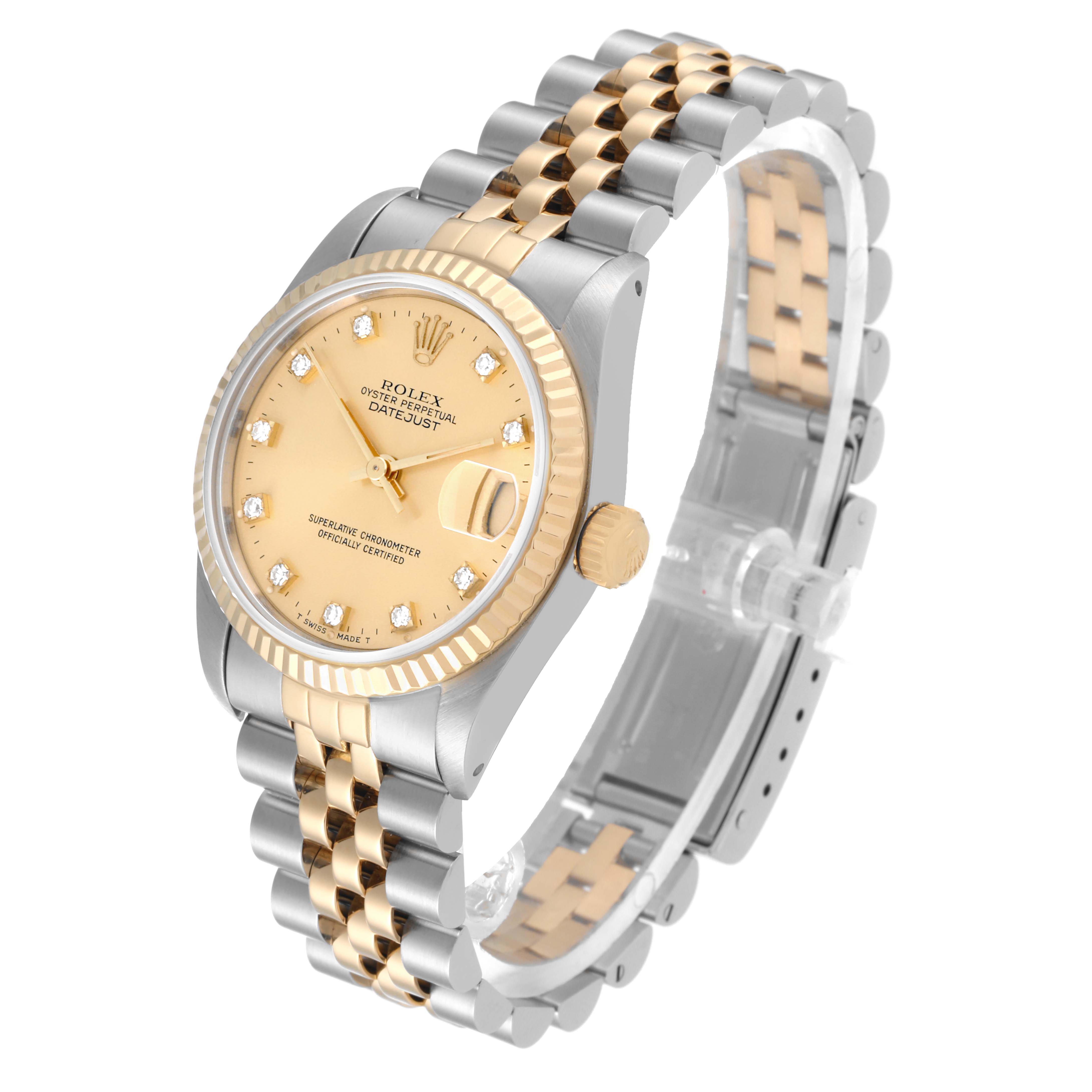 This image shows a Rolex Mid-Size 68273G Women's Steel and Gold (two tone) Champagne Dial 68273G Women's Steel and Gold (two tone) Champagne Dial Datejust watch at a three-quarter angle, highlighting its dial, bezel, crown, and two-tone bracelet.