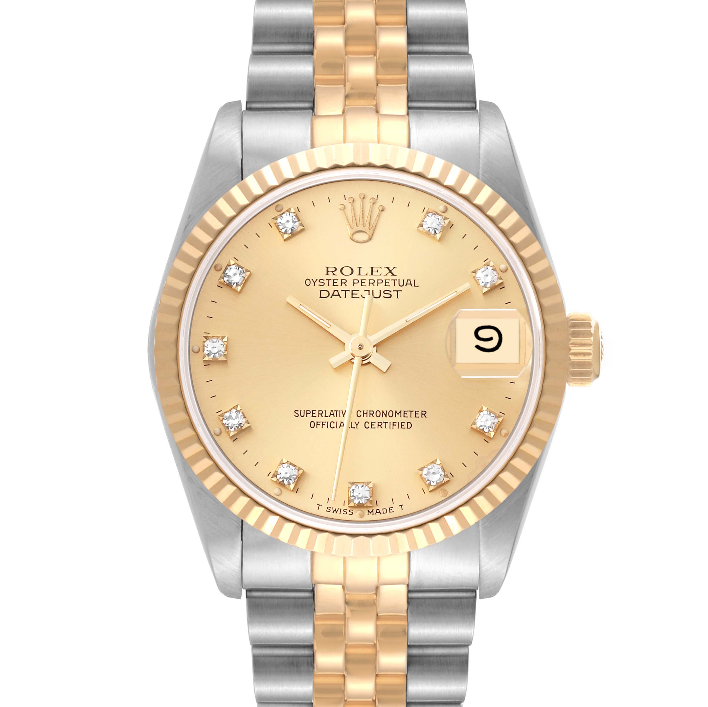The image shows a Rolex Oyster Perpetual Datejust Mid-Size watch from the front, highlighting its dial, bezel, and bracelet.