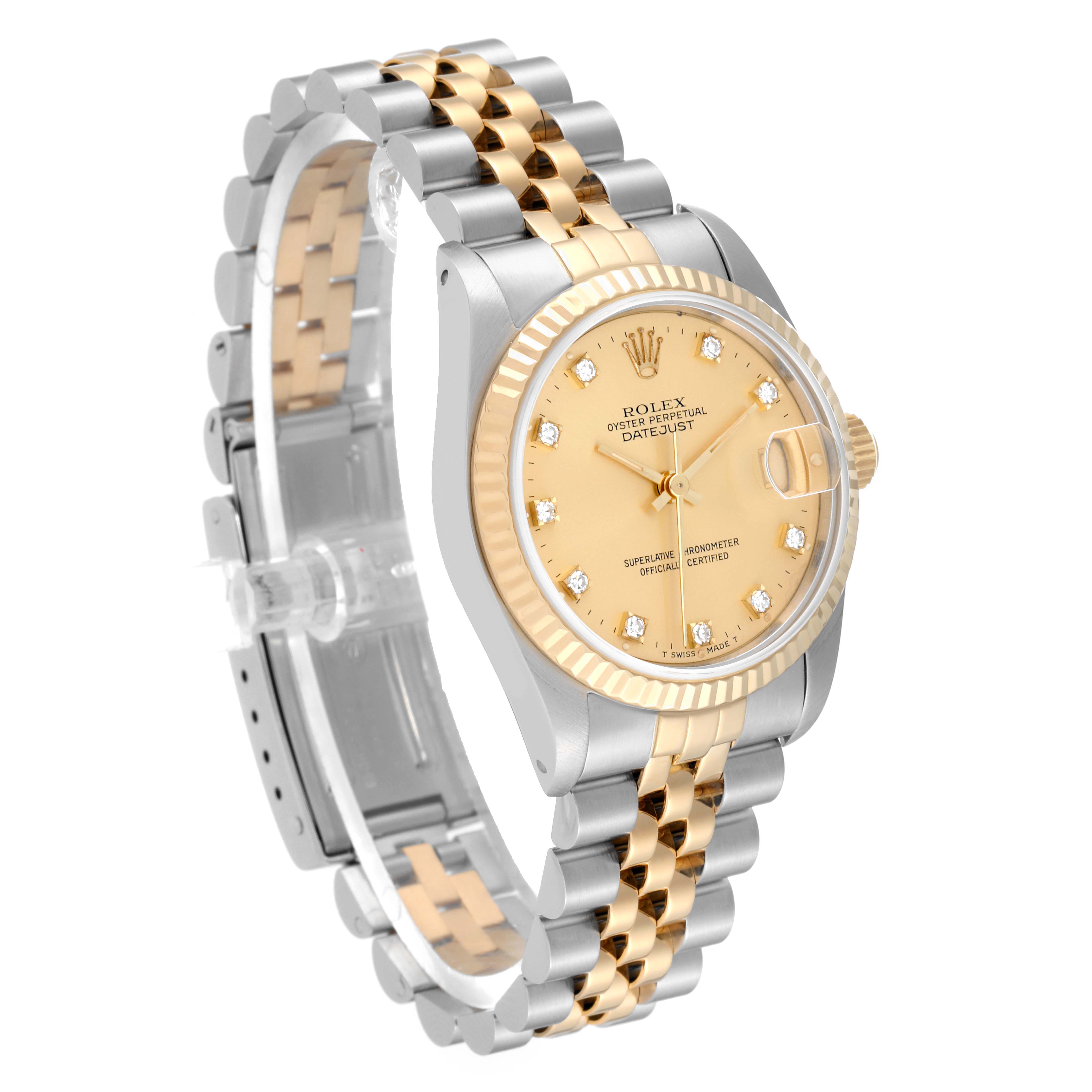 The image shows a side-angle view of a Mid-Size Rolex Datejust watch, highlighting its bezel, dial, and two-tone bracelet.