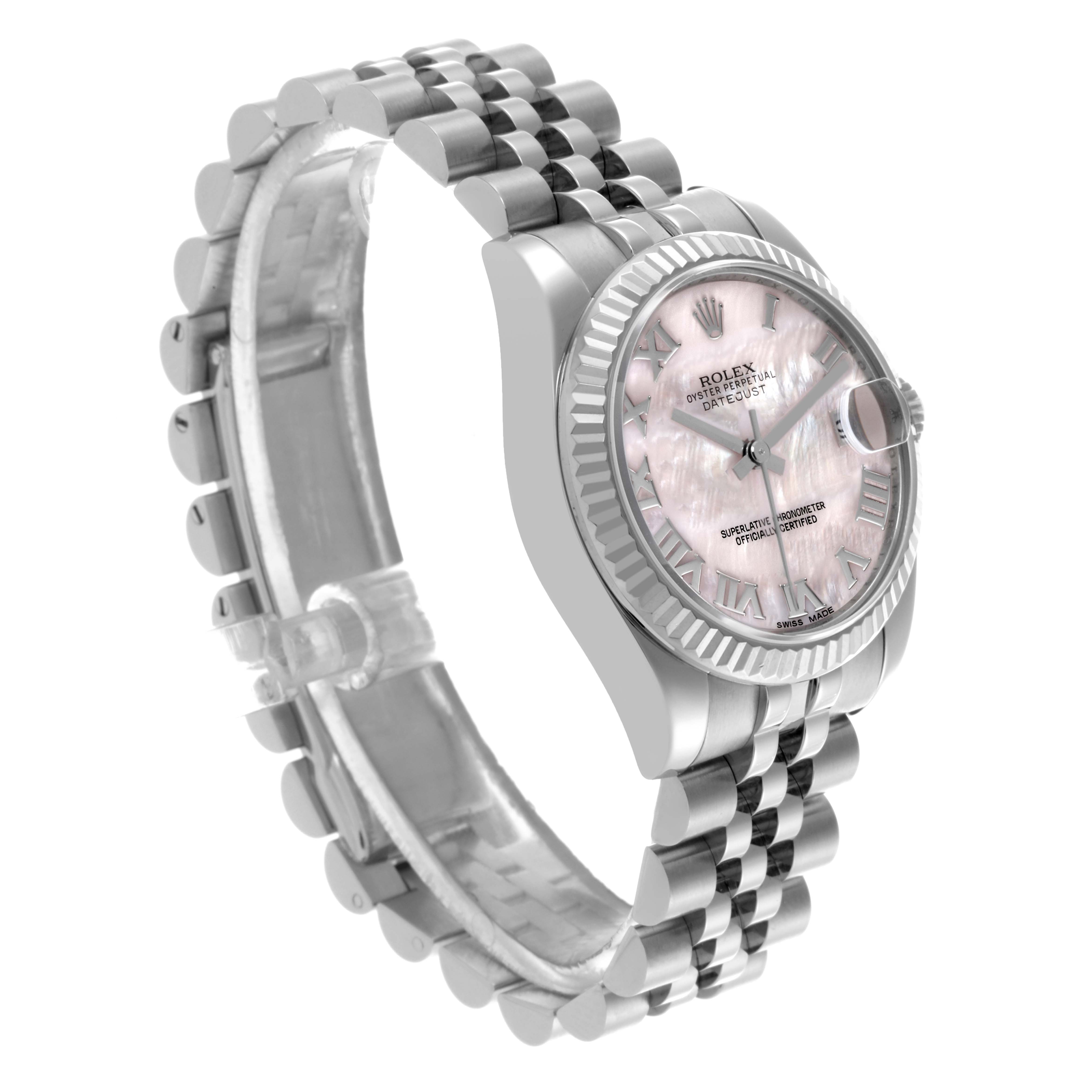 The Rolex Mid-Size 178274 Women's Stainless Steel Mother of Pearl Dial 178274 Women's Stainless Steel Mother of Pearl Dial watch is shown at a three-quarter angle, highlighting its dial, bezel, and bracelet.