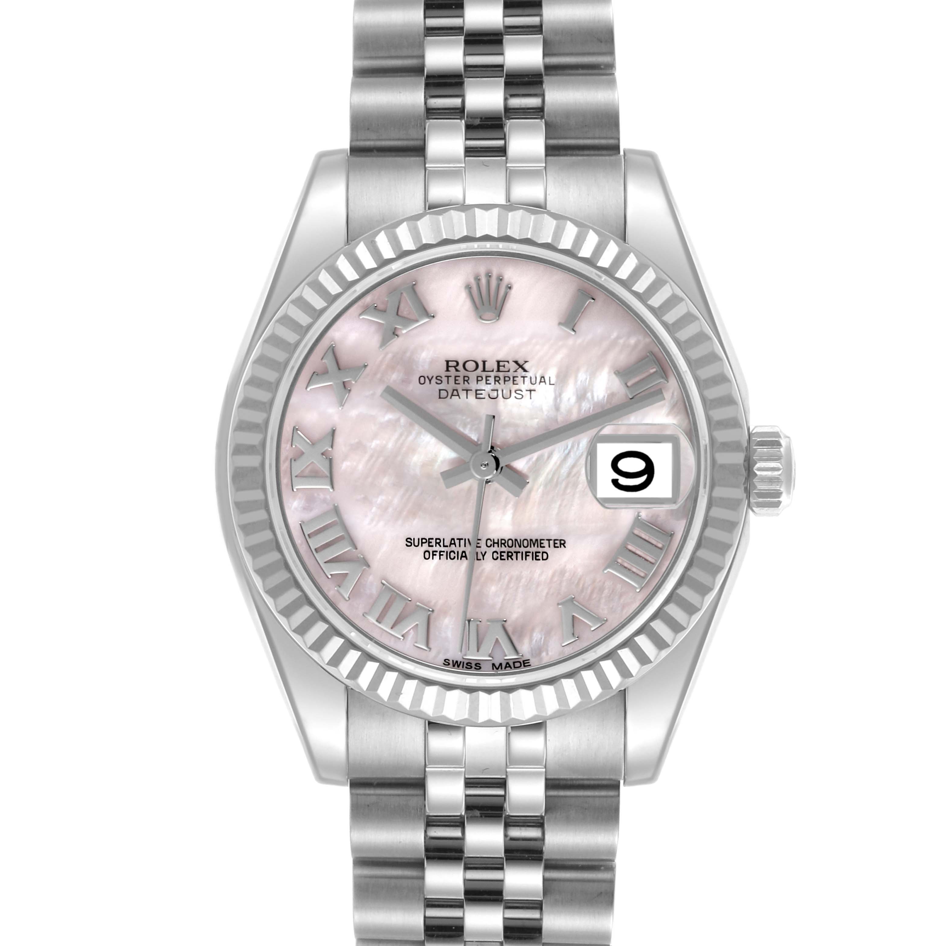 The Rolex Mid-Size 178274 Women's Stainless Steel Mother of Pearl Dial 178274 Women's Stainless Steel Mother of Pearl Dial Datejust watch is shown from a front view, highlighting the dial, bezel, and bracelet.
