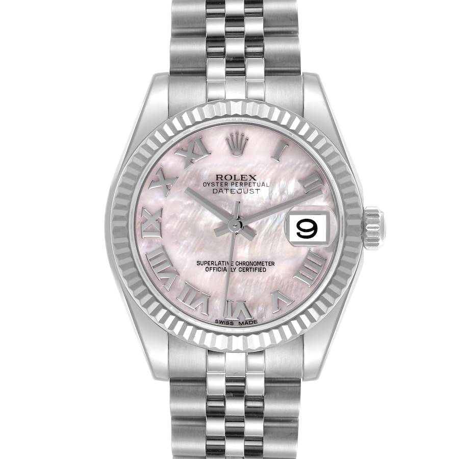 The Rolex Mid-Size Datejust watch is shown from a front view, highlighting the dial, bezel, and bracelet.