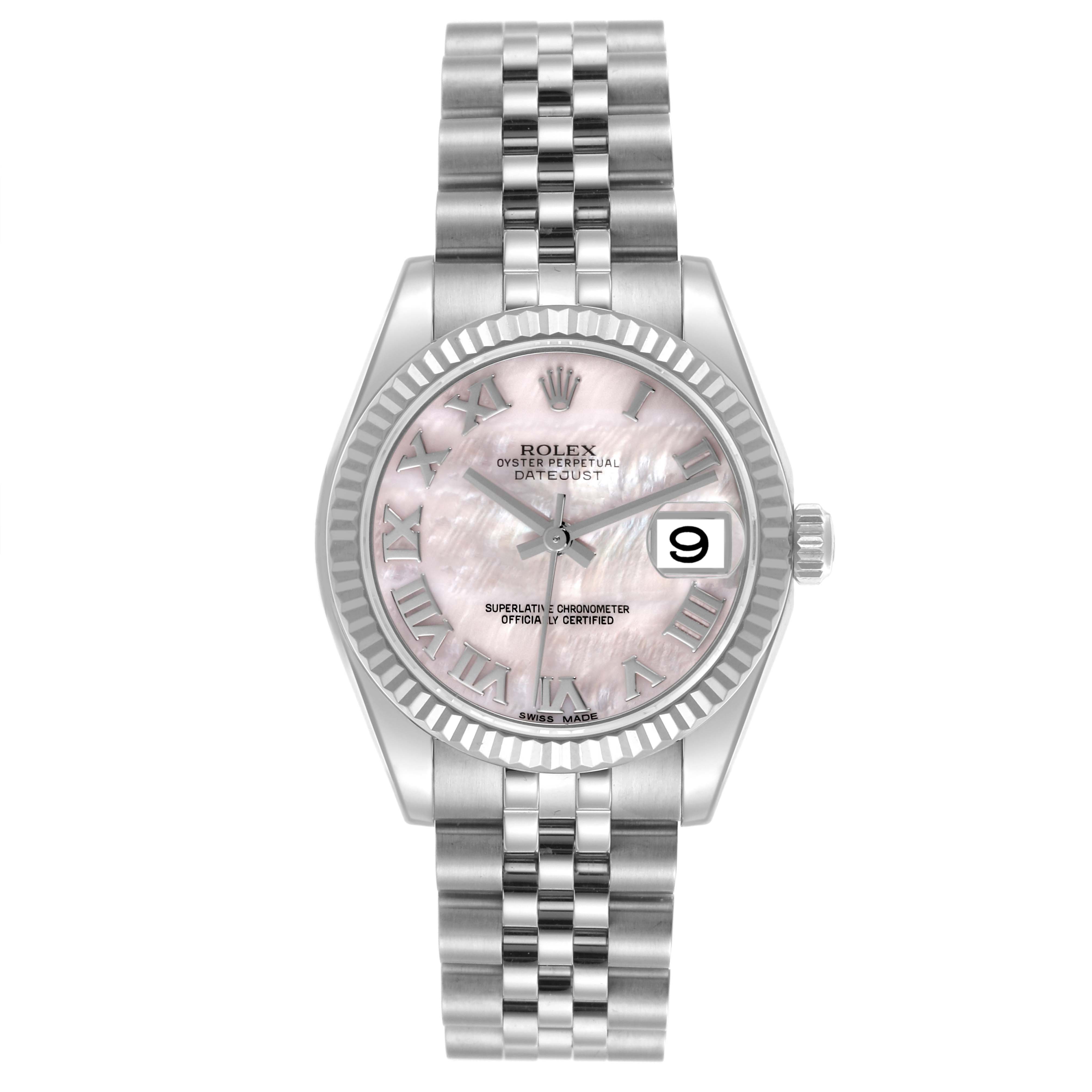 The Rolex Mid-Size 178274 Women's Stainless Steel Mother of Pearl Dial 178274 Women's Stainless Steel Mother of Pearl Dial watch is shown from a top-down angle, featuring the dial, bezel, and bracelet.
