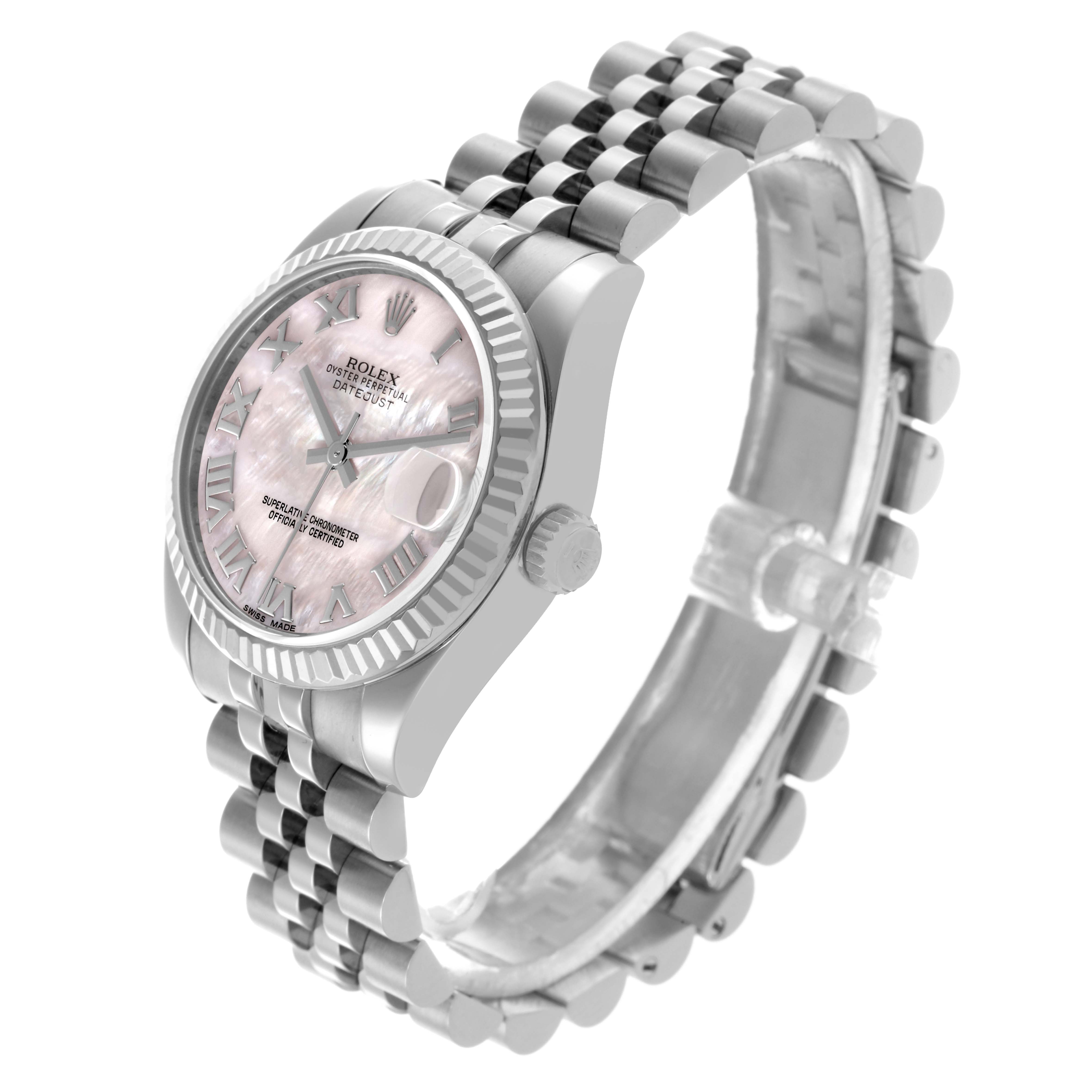 This image of the Rolex Mid-Size 178274 Women's Stainless Steel Mother of Pearl Dial 178274 Women's Stainless Steel Mother of Pearl Dial watch shows a side angle, highlighting the bezel, crown, and bracelet links.
