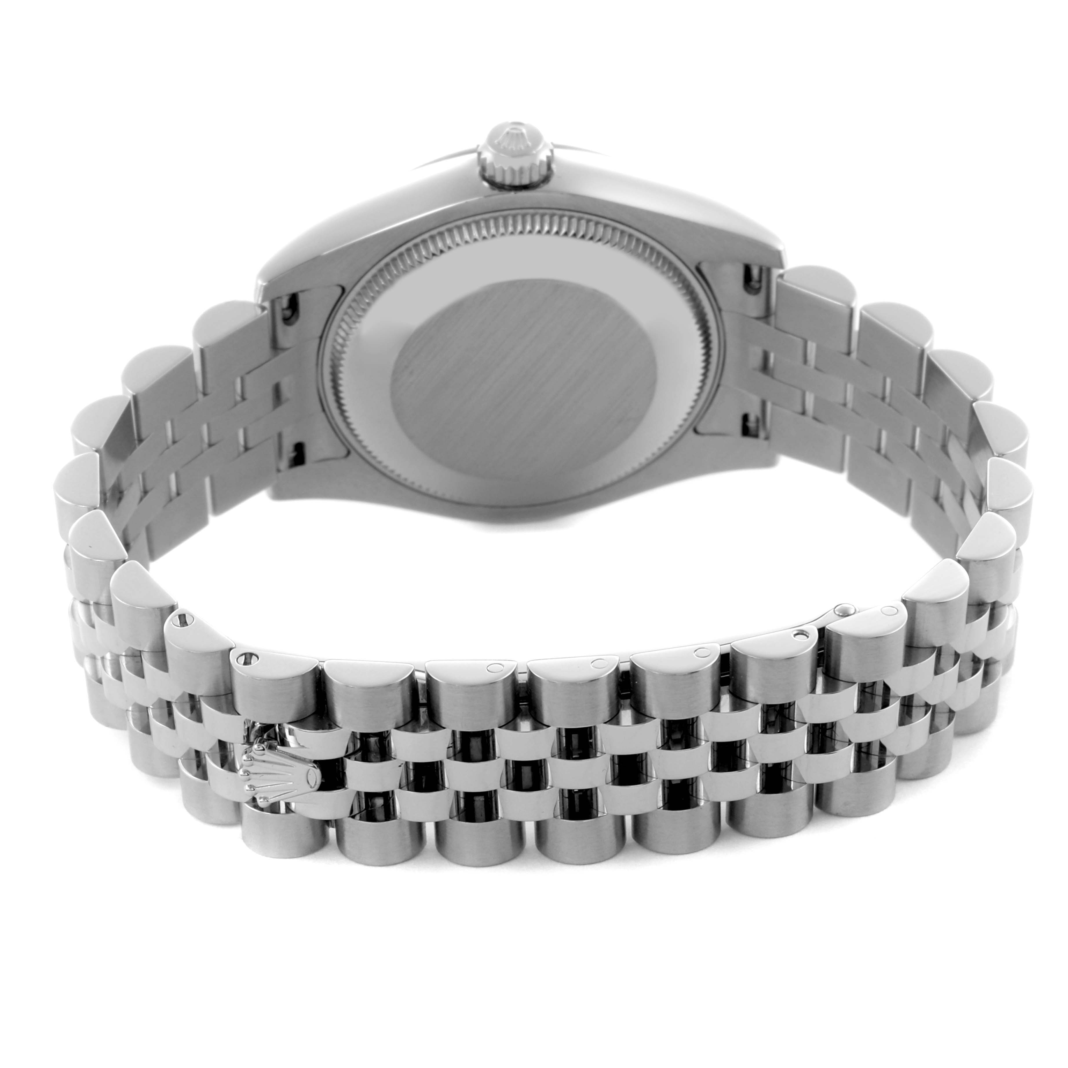 The image shows the back of a Mid-Size Rolex watch, featuring the case back and bracelet, viewed from a rear angle.