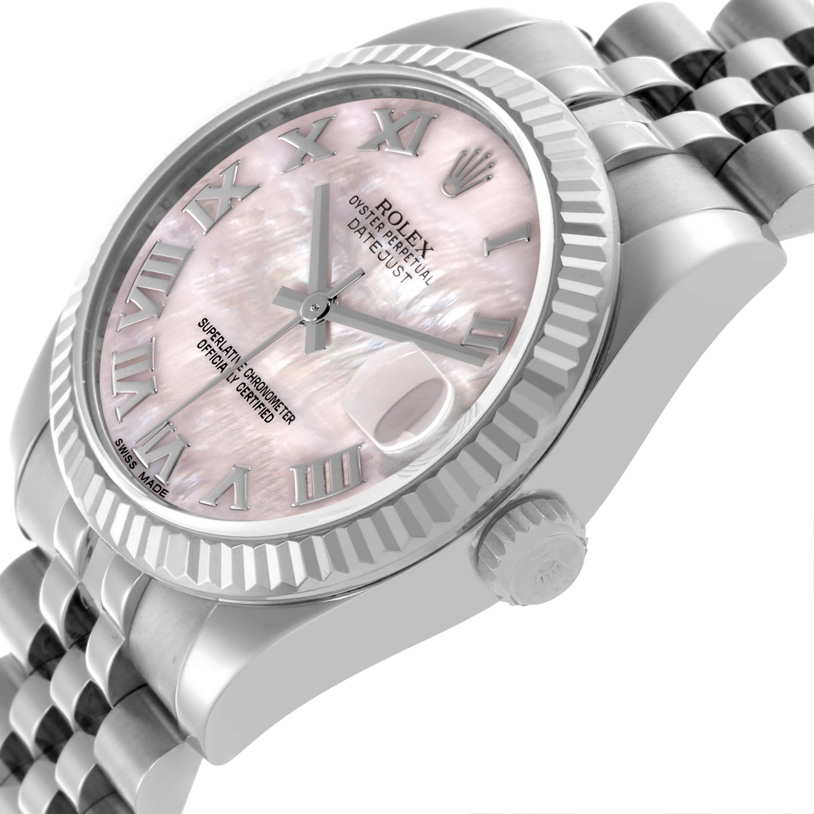 The Rolex Mid-Size 178274 Women's Stainless Steel Mother of Pearl Dial 178274 Women's Stainless Steel Mother of Pearl Dial watch is shown at an angle highlighting the dial, bezel, crown, and part of the bracelet.