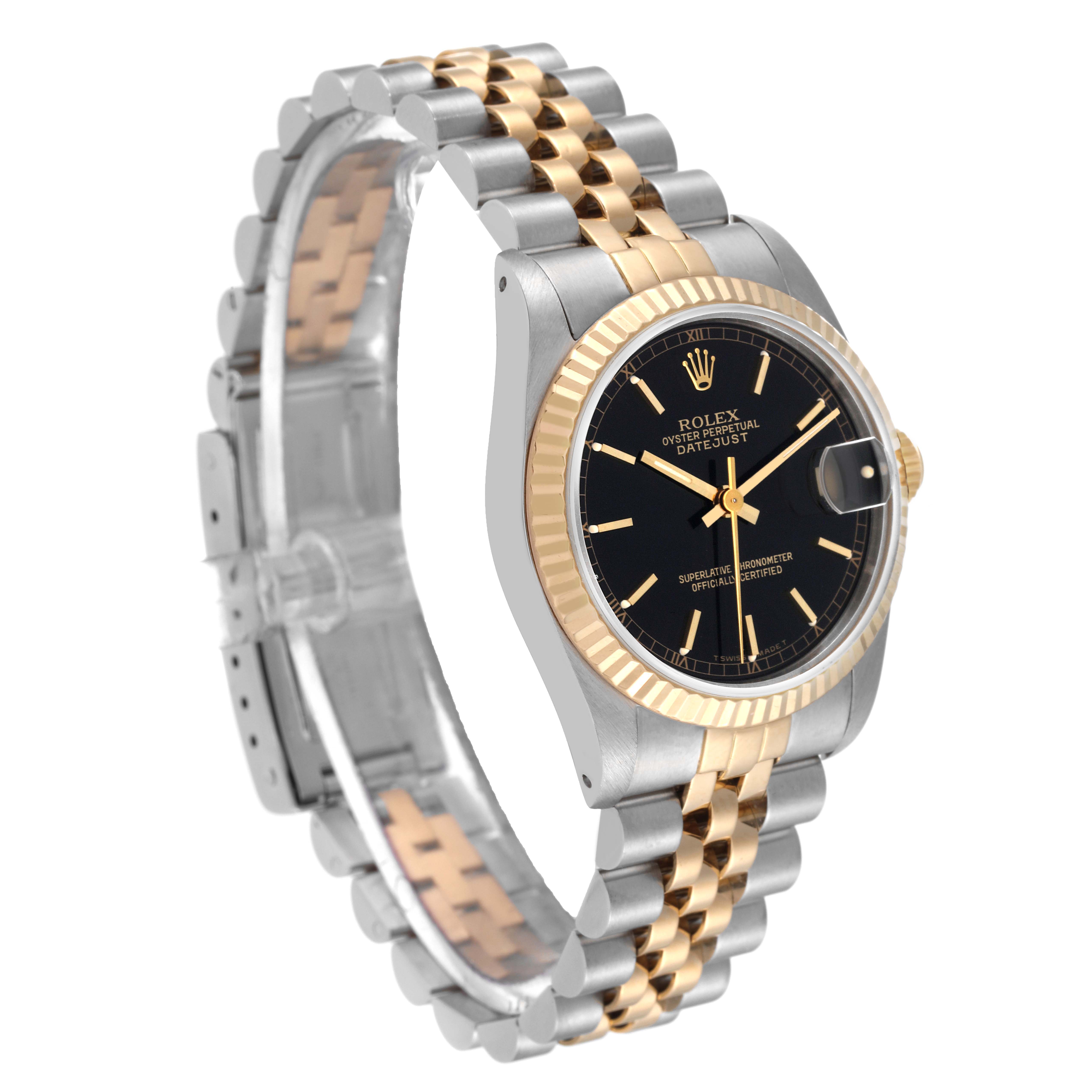 This image shows a Rolex Mid-Size 68273 Women
s Steel and Gold (two tone) Black Dial 68273 Women
s Steel and Gold (two tone) Black Dial watch at a three-quarter angle, highlighting its two-tone bracelet, black dial, and fluted bezel.