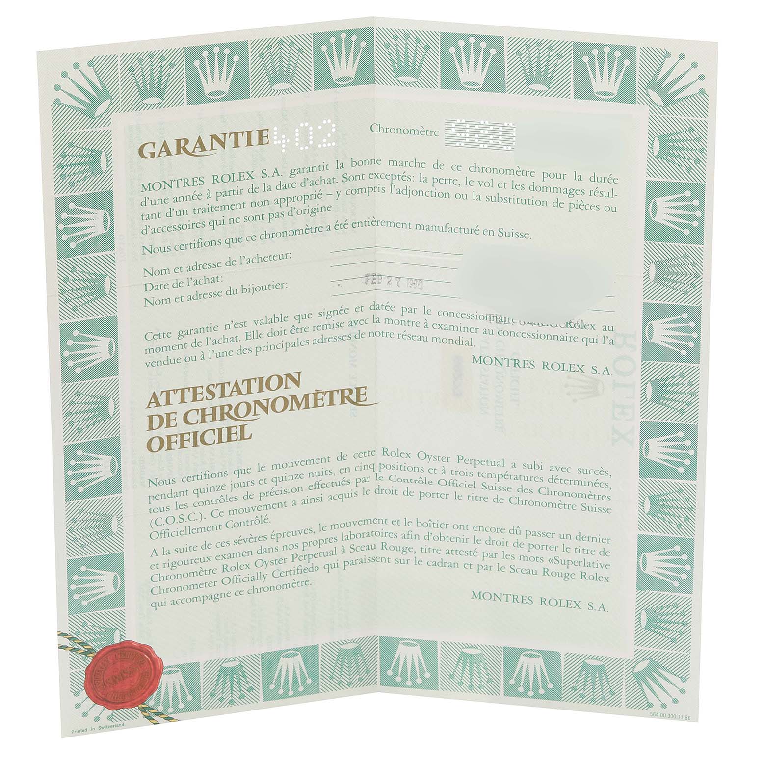 The image shows a Montres Rolex S.A. official chronometer certificate and warranty from a Mid-Size Rolex model, viewed from the front.