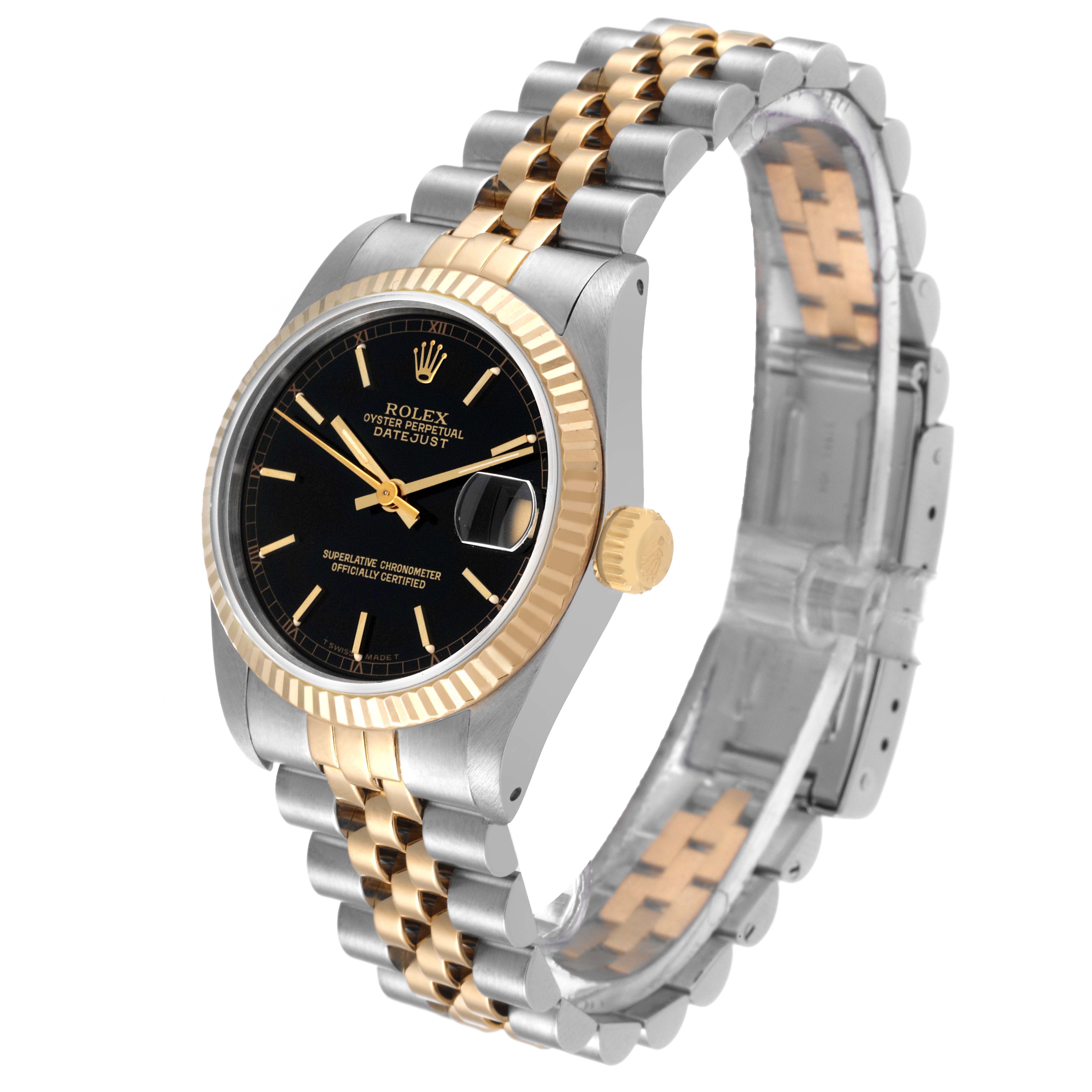 The image shows a Rolex Mid-Size 68273 Women
s Steel and Gold (two tone) Black Dial 68273 Women
s Steel and Gold (two tone) Black Dial Datejust watch at an angled side view, highlighting the dial, bezel, crown, and Jubilee bracelet.