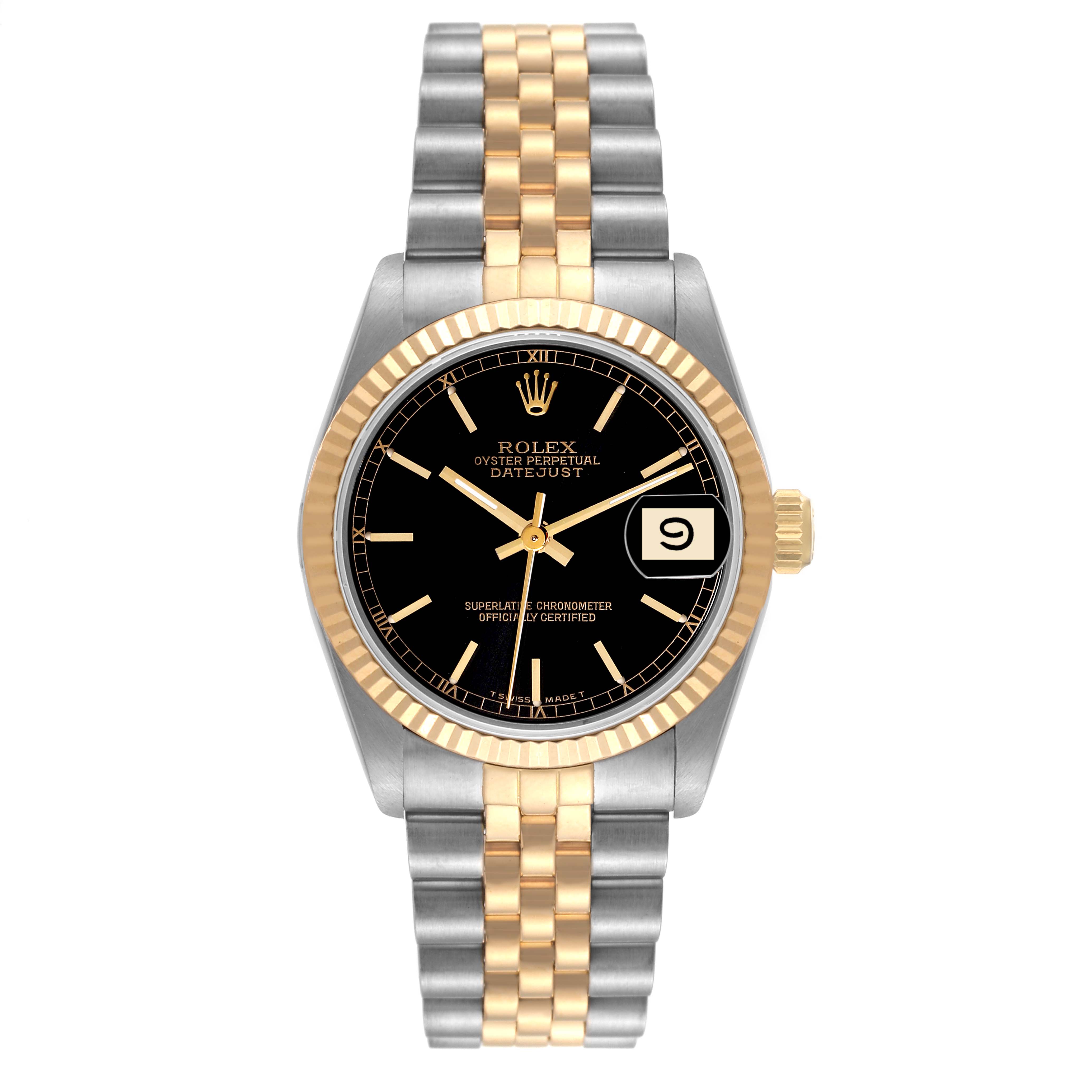 The image shows a front view of a Rolex Oyster Perpetual Datejust Mid-Size watch, highlighting its two-tone bracelet and fluted bezel.