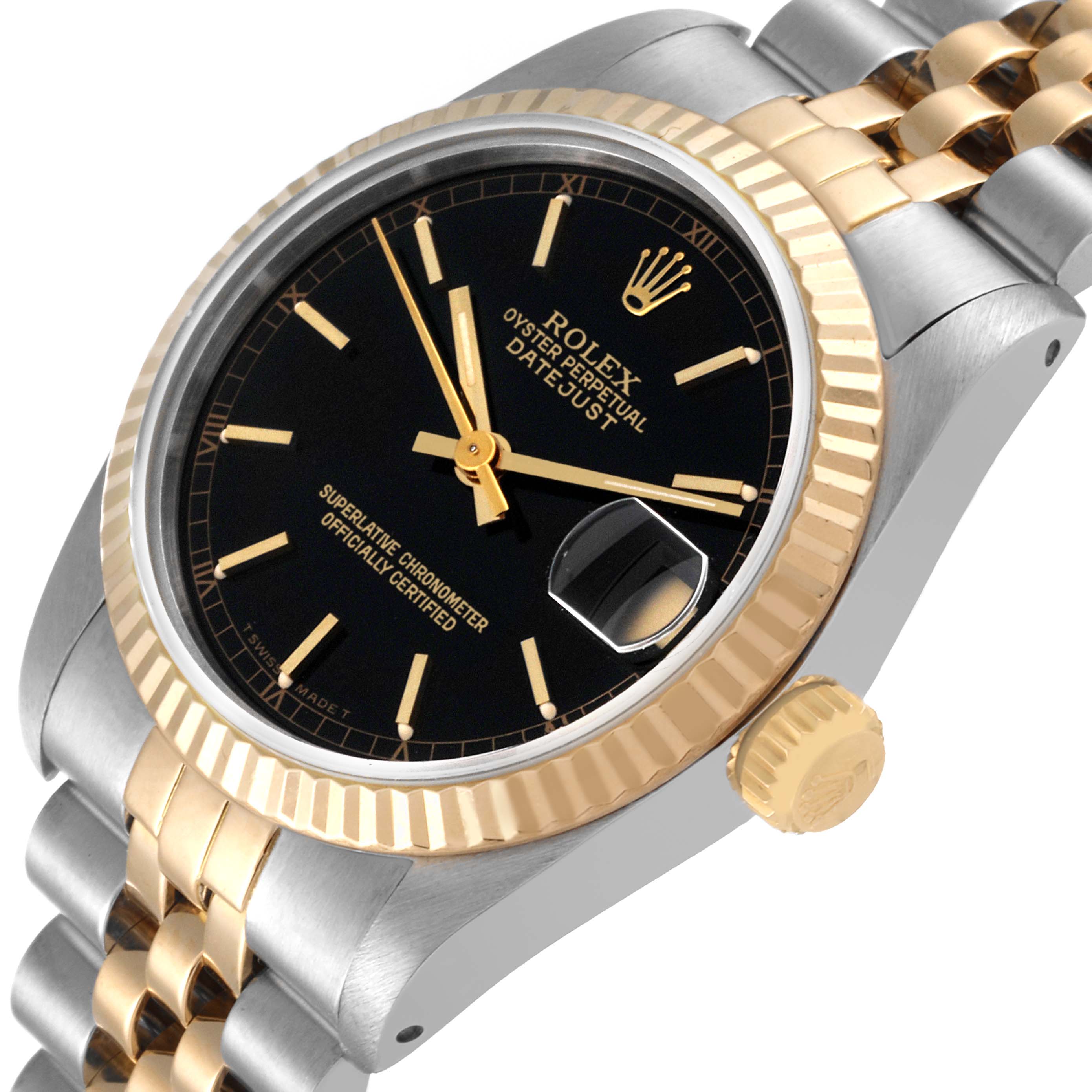 The image shows a side angle of the Mid-Size Rolex Datejust watch, highlighting the dial, bezel, crown, and part of the bracelet.