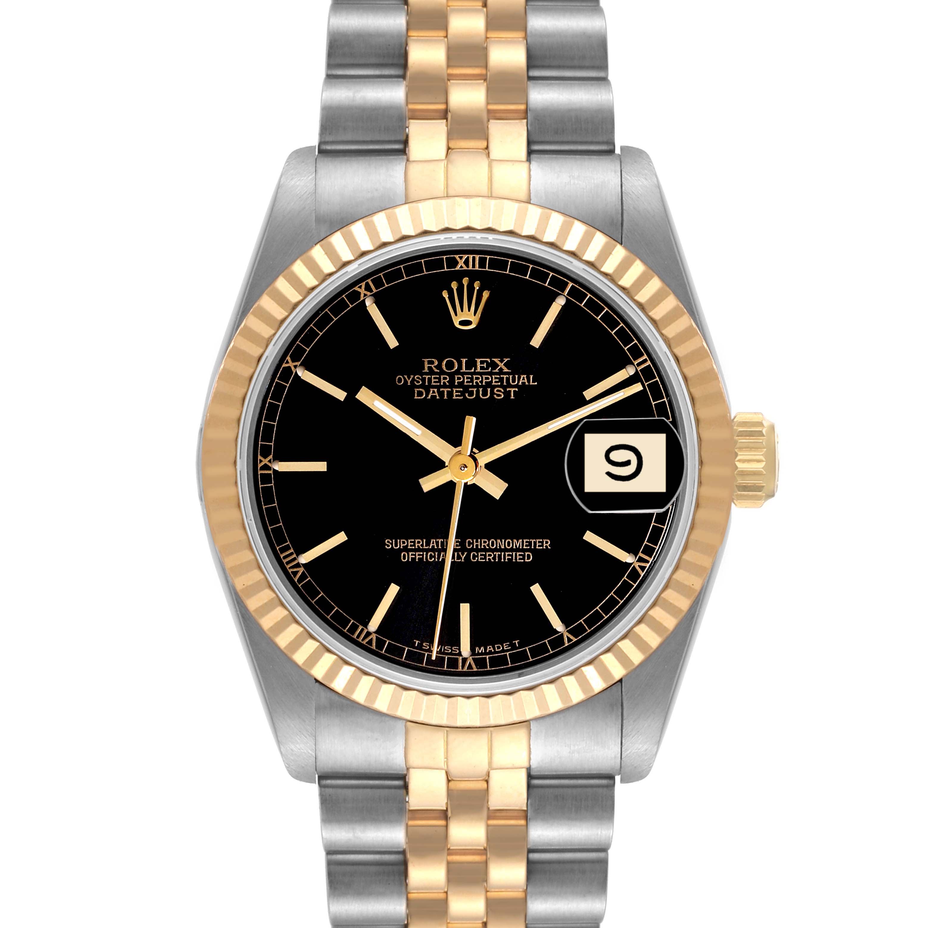 The image shows a front view of a Rolex Datejust Mid-Size watch, featuring a two-tone bracelet and a black dial.