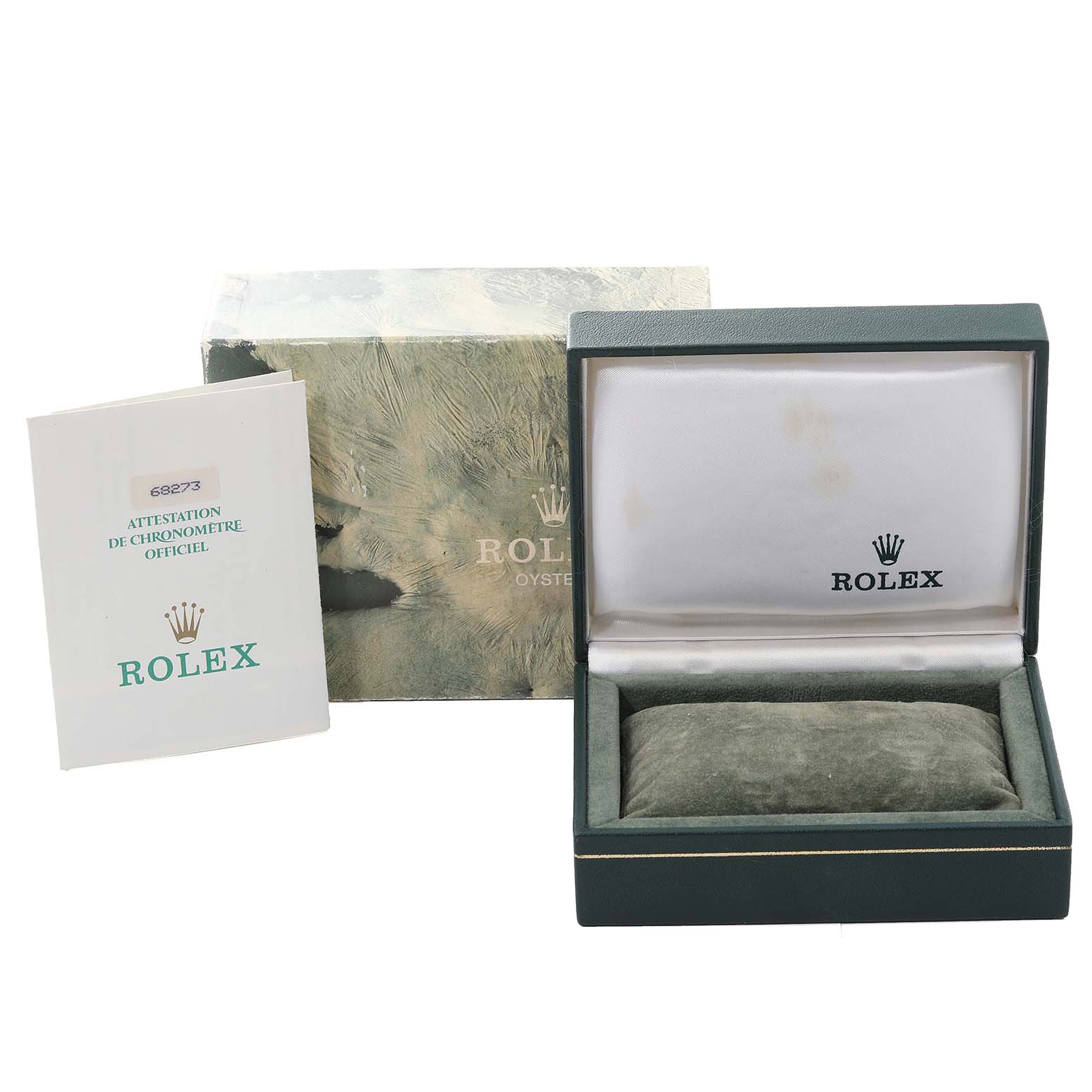 The image shows a Rolex Mid-Size 68273 Women
s Steel and Gold (two tone) Black Dial 68273 Women
s Steel and Gold (two tone) Black Dial watch box, cushion, outer box, and official chronometer certification booklet, all from a front angle.