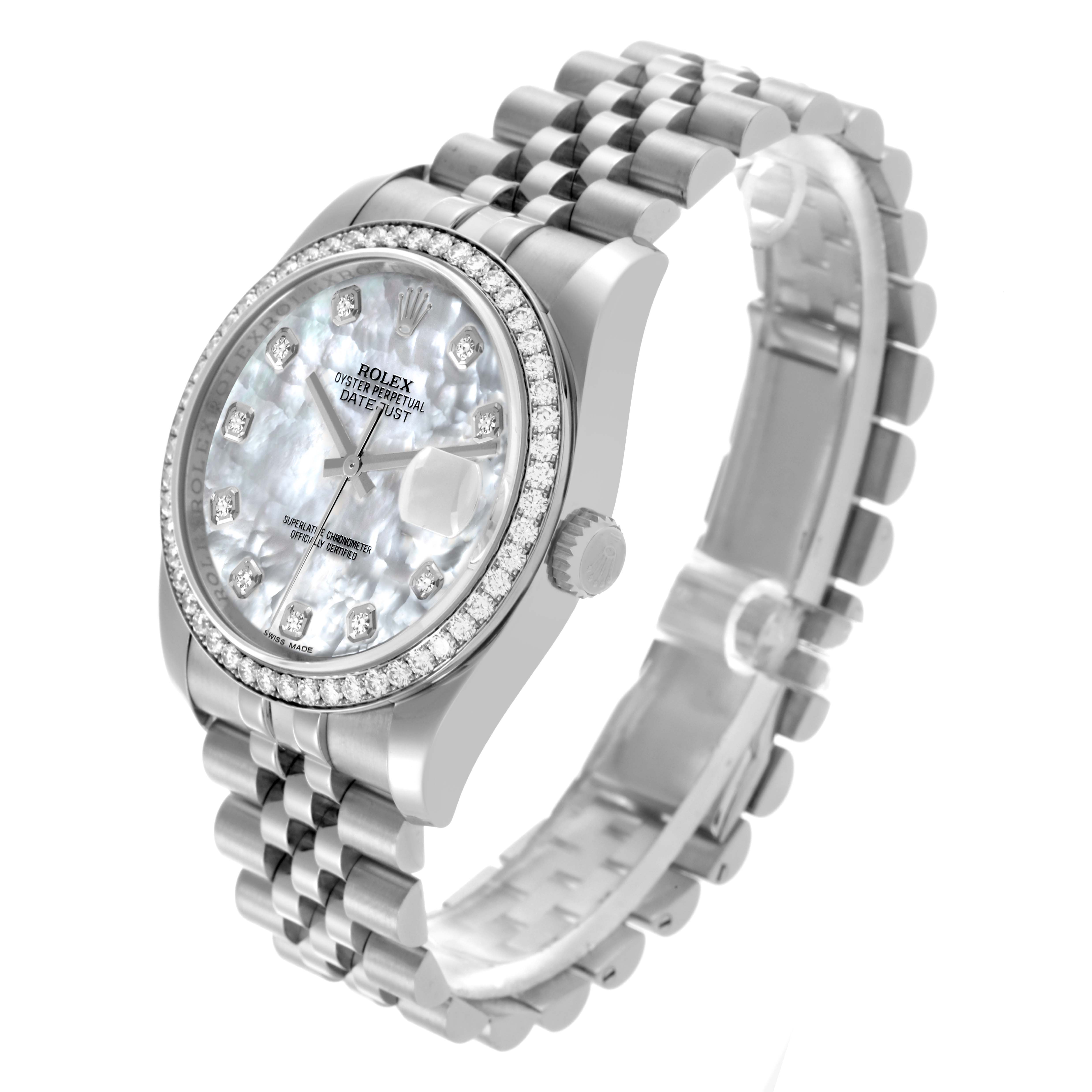 The Rolex Datejust 116244 Men's Stainless Steel Mother of Pearl Dial 116244 Men's Stainless Steel Mother of Pearl Dial watch is shown at a three-quarter angle, highlighting the face, bezel, case, and bracelet.