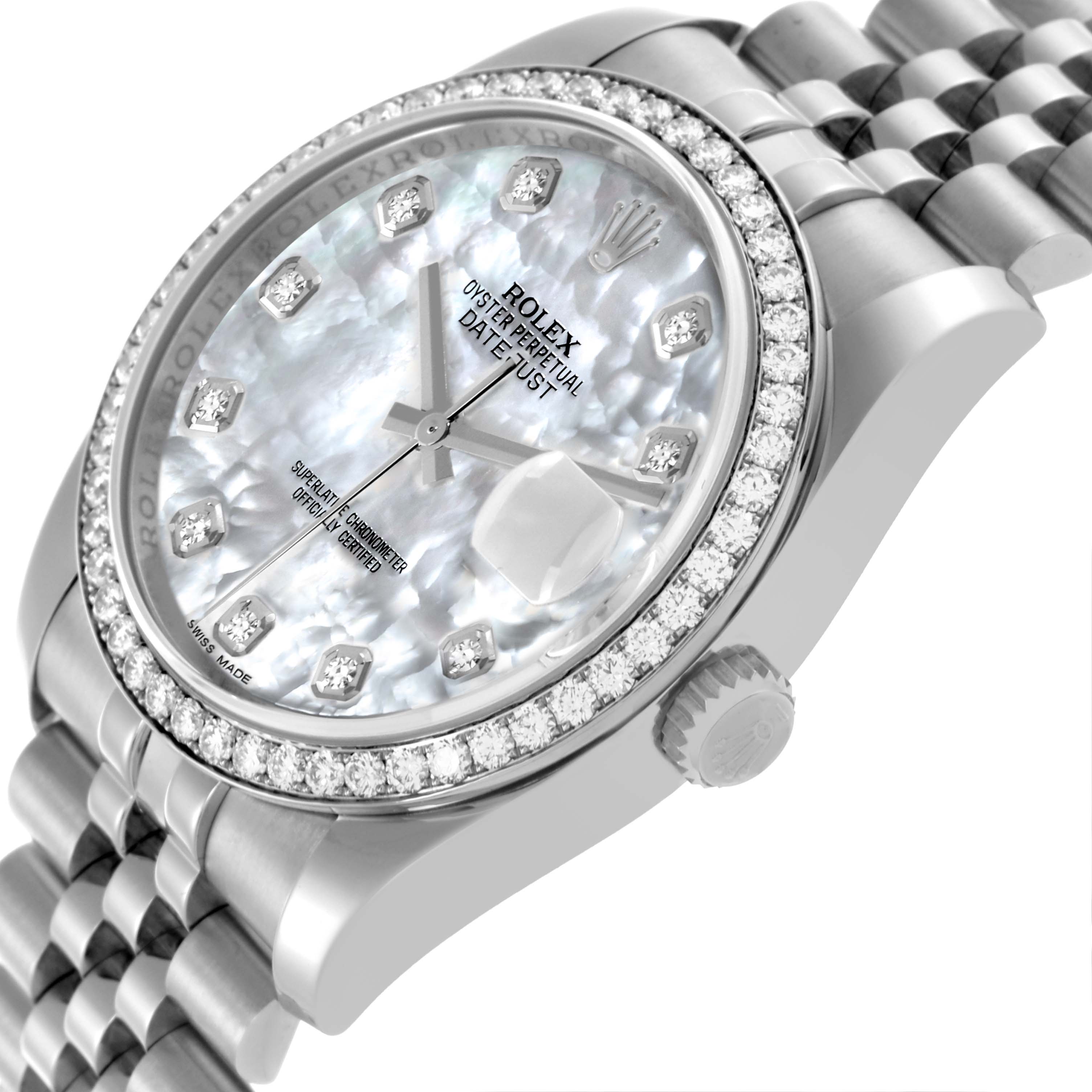 The Rolex Datejust 116244 Men's Stainless Steel Mother of Pearl Dial 116244 Men's Stainless Steel Mother of Pearl Dial watch is shown at an angled view highlighting the face, bezel, crown, and part of the bracelet.