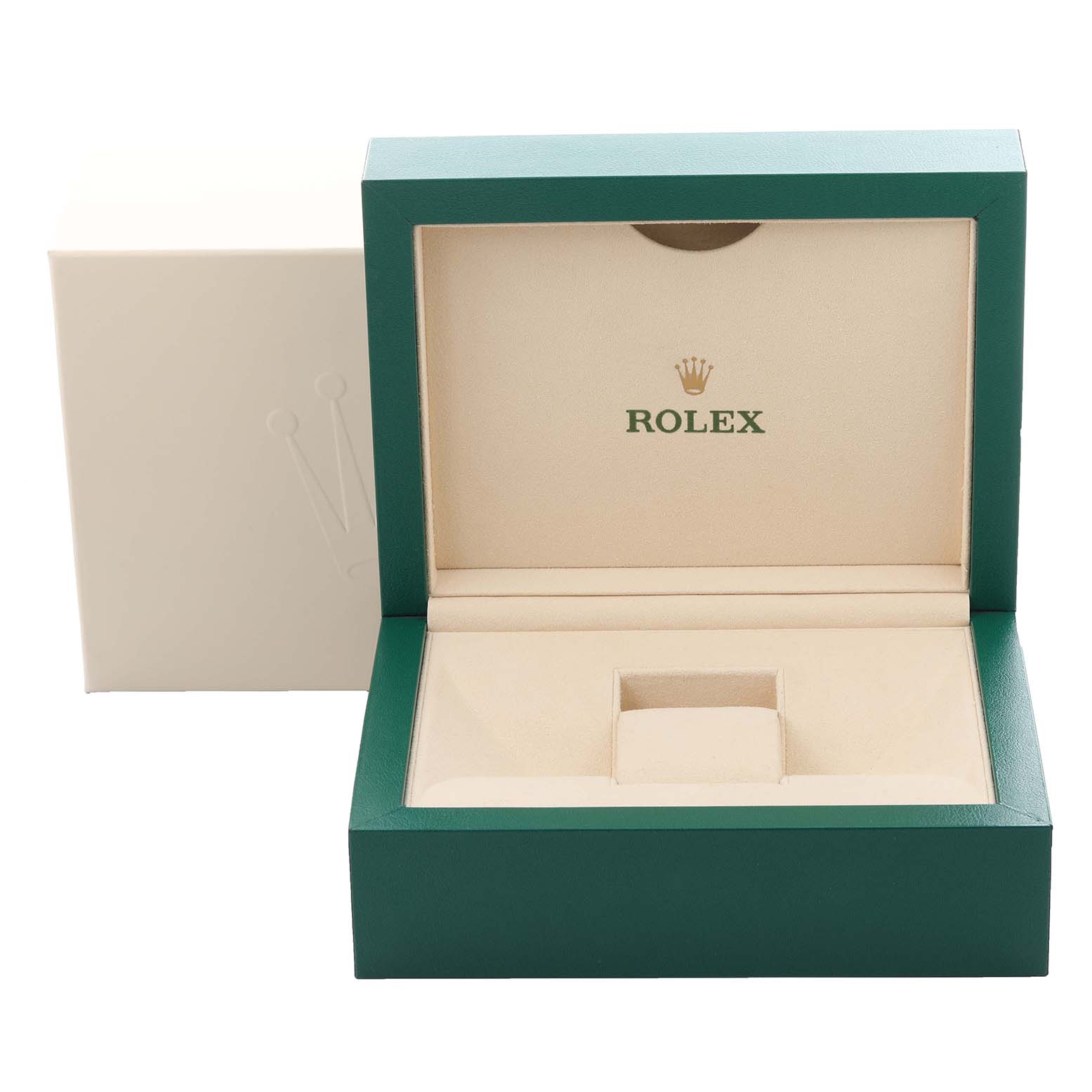 The image shows an open Rolex Datejust 116244 Men's Stainless Steel Mother of Pearl Dial 116244 Men's Stainless Steel Mother of Pearl Dial watch box, highlighting the interior and branded emblem.