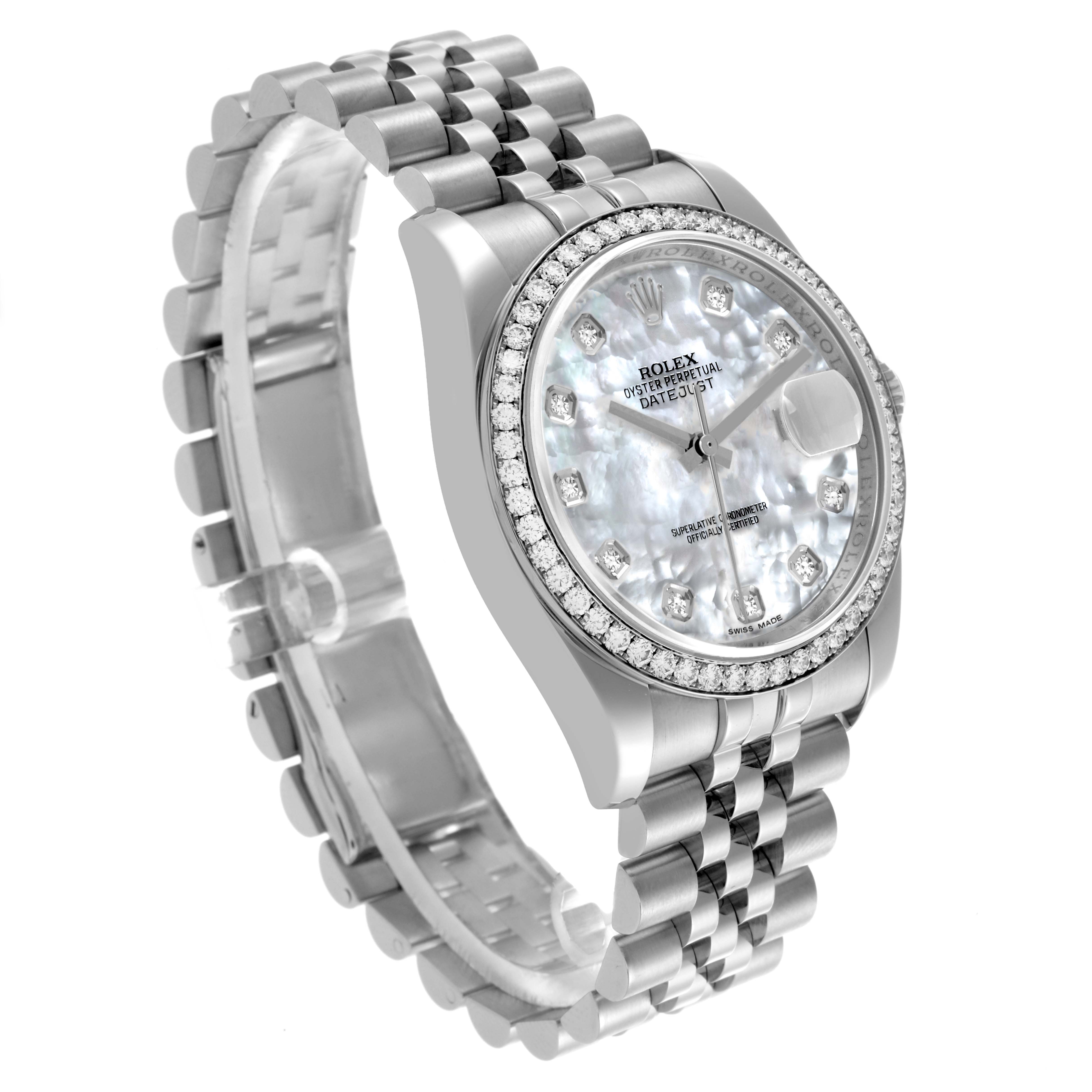 The Rolex Datejust 116244 Men's Stainless Steel Mother of Pearl Dial 116244 Men's Stainless Steel Mother of Pearl Dial watch is shown at a slight angle highlighting the face, bezel, and Jubilee bracelet.