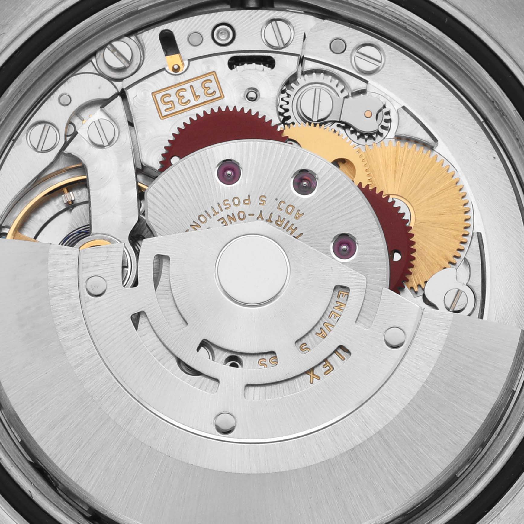 The image shows the internal mechanism of the Rolex Datejust 116244 Men's Stainless Steel Mother of Pearl Dial 116244 Men's Stainless Steel Mother of Pearl Dial, focusing on gears and the rotor.