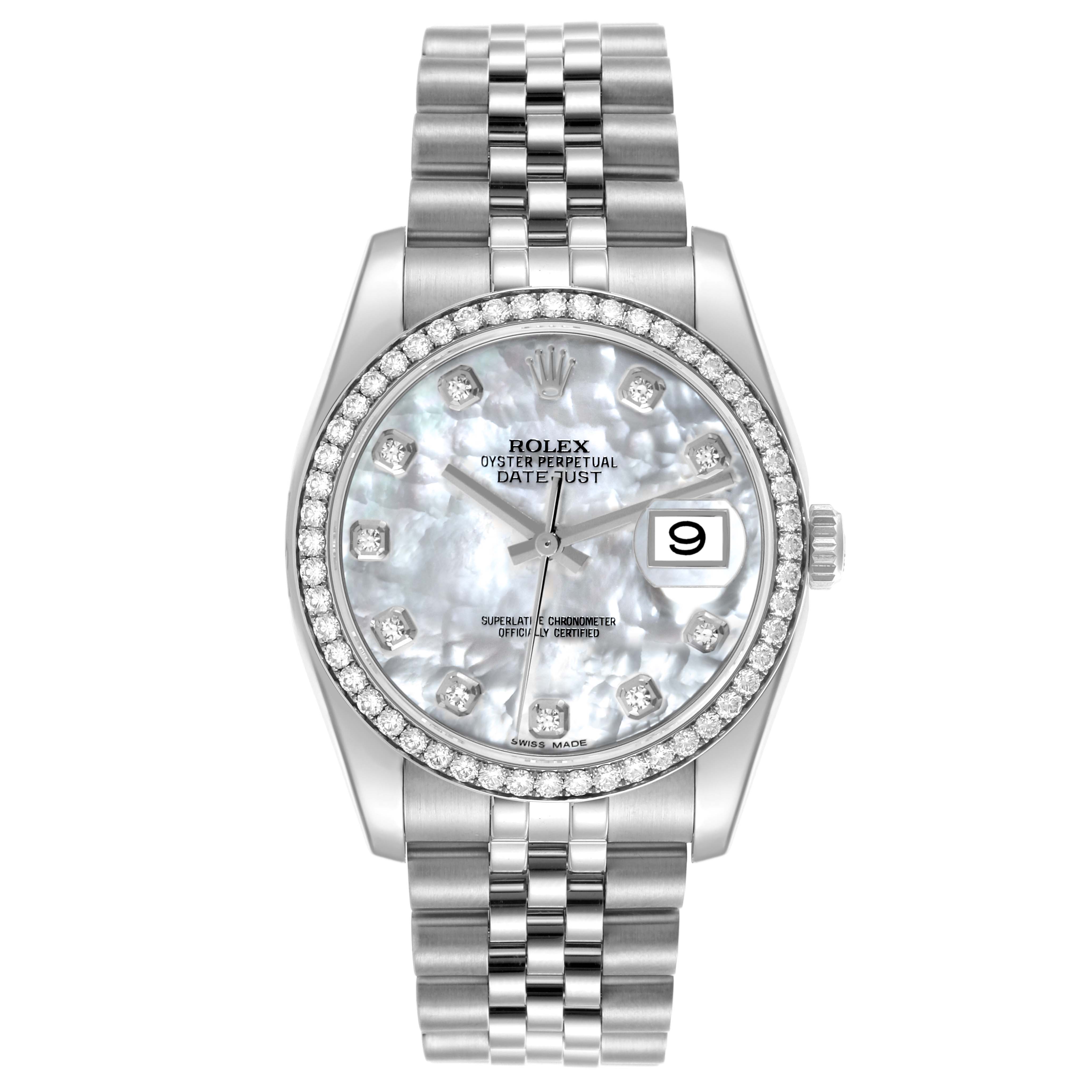 The Rolex Datejust 116244 Men's Stainless Steel Mother of Pearl Dial 116244 Men's Stainless Steel Mother of Pearl Dial watch is shown from a front angle, highlighting its dial, bezel, and bracelet.