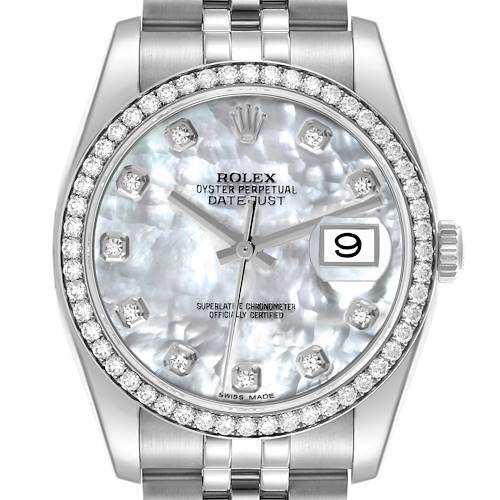 The Rolex Datejust watch is shown from the front, highlighting the face, bezel, and part of the bracelet.