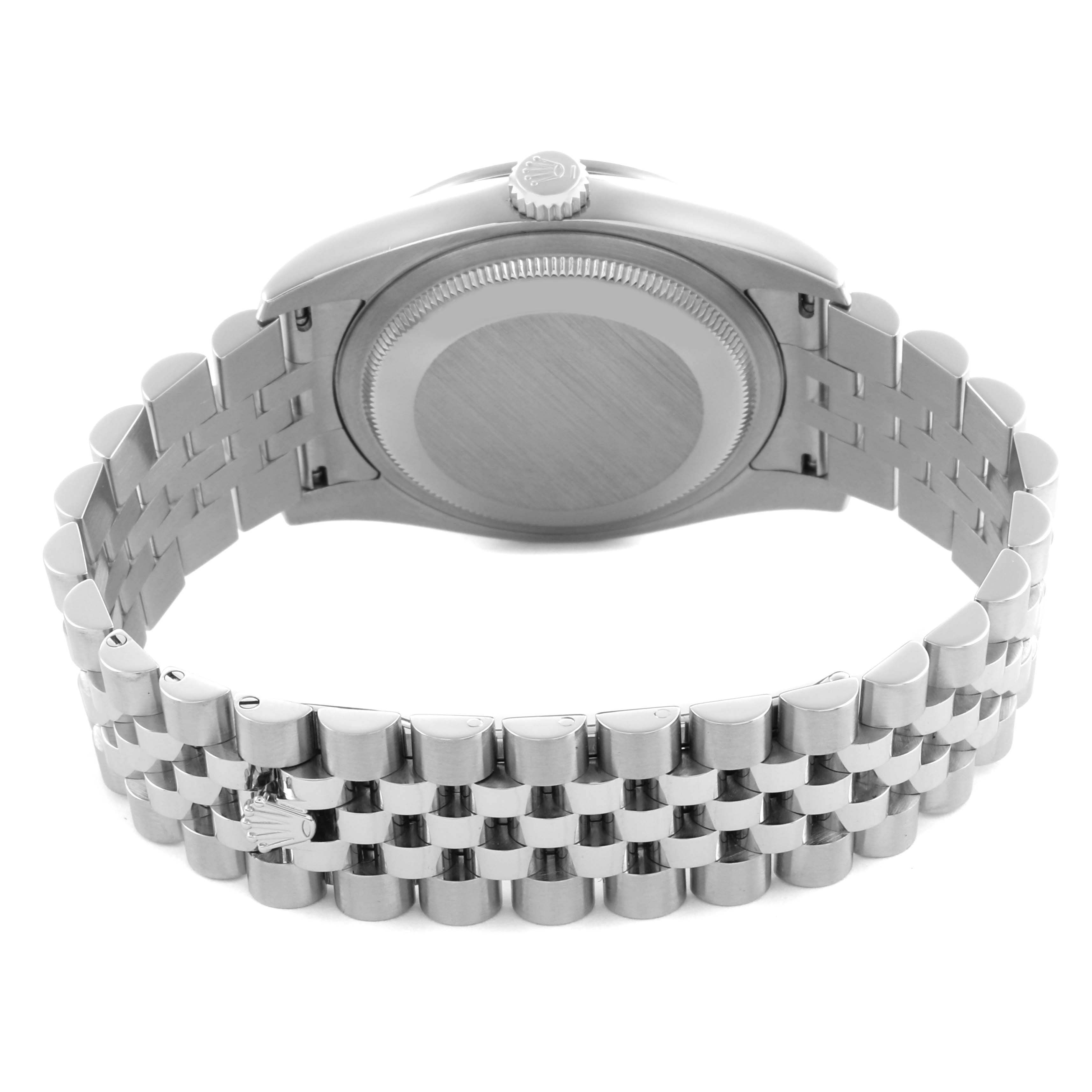 The image shows the back case and bracelet of a Rolex Datejust 116244 Men's Stainless Steel Mother of Pearl Dial 116244 Men's Stainless Steel Mother of Pearl Dial watch from a rear angle.