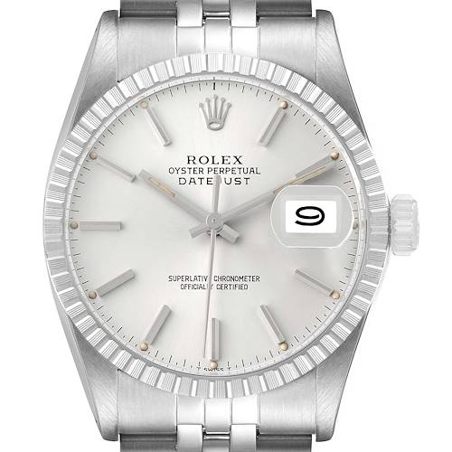 The Rolex Datejust 16030 Men's Stainless Steel Silver Dial watch is shown from the front, highlighting the dial, fluted bezel, date window, and part of the bracelet.