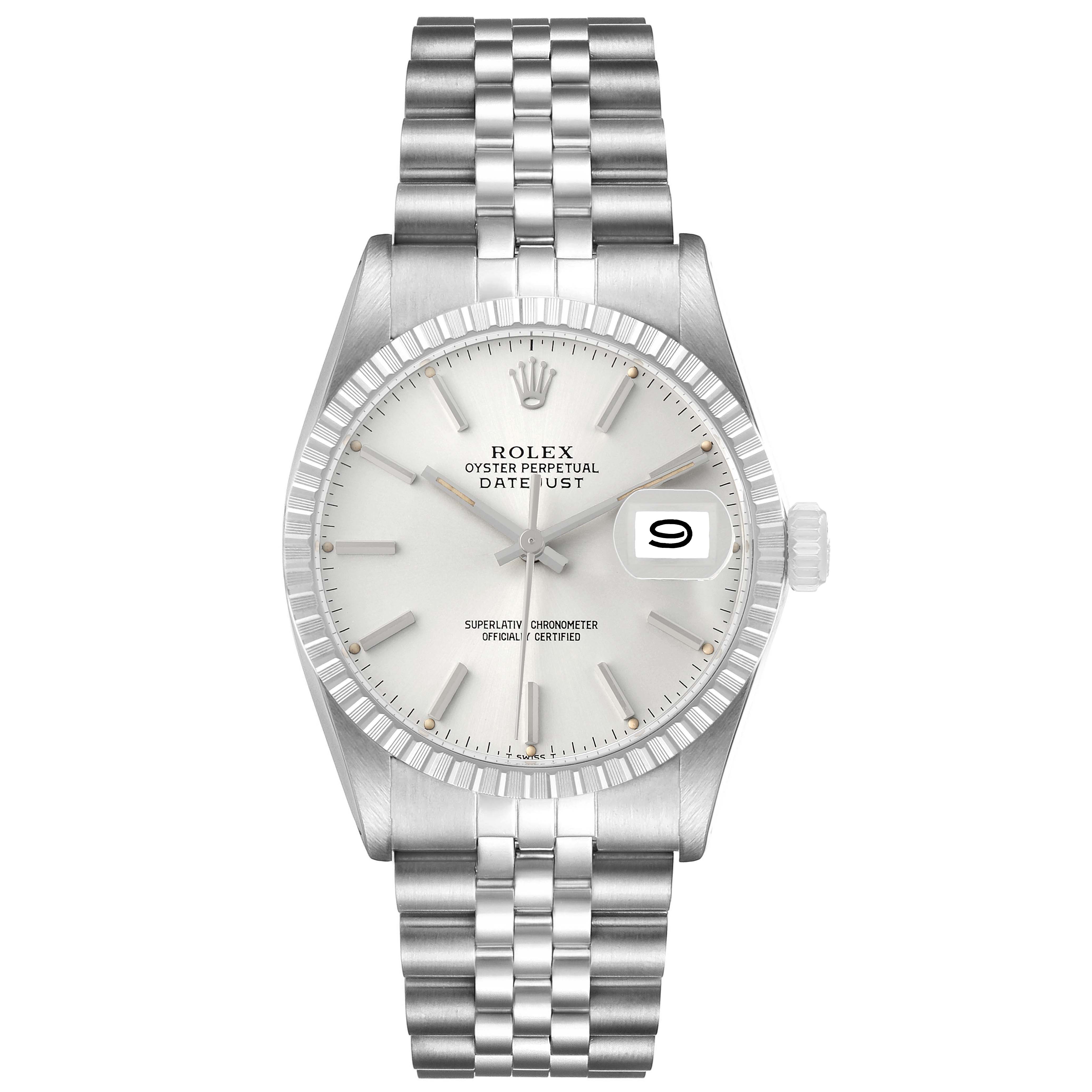 The Rolex Datejust 16030 Men's Stainless Steel Silver Dial watch is shown from a top-down angle, displaying the dial, bezel, crown, and Jubilee bracelet clearly.