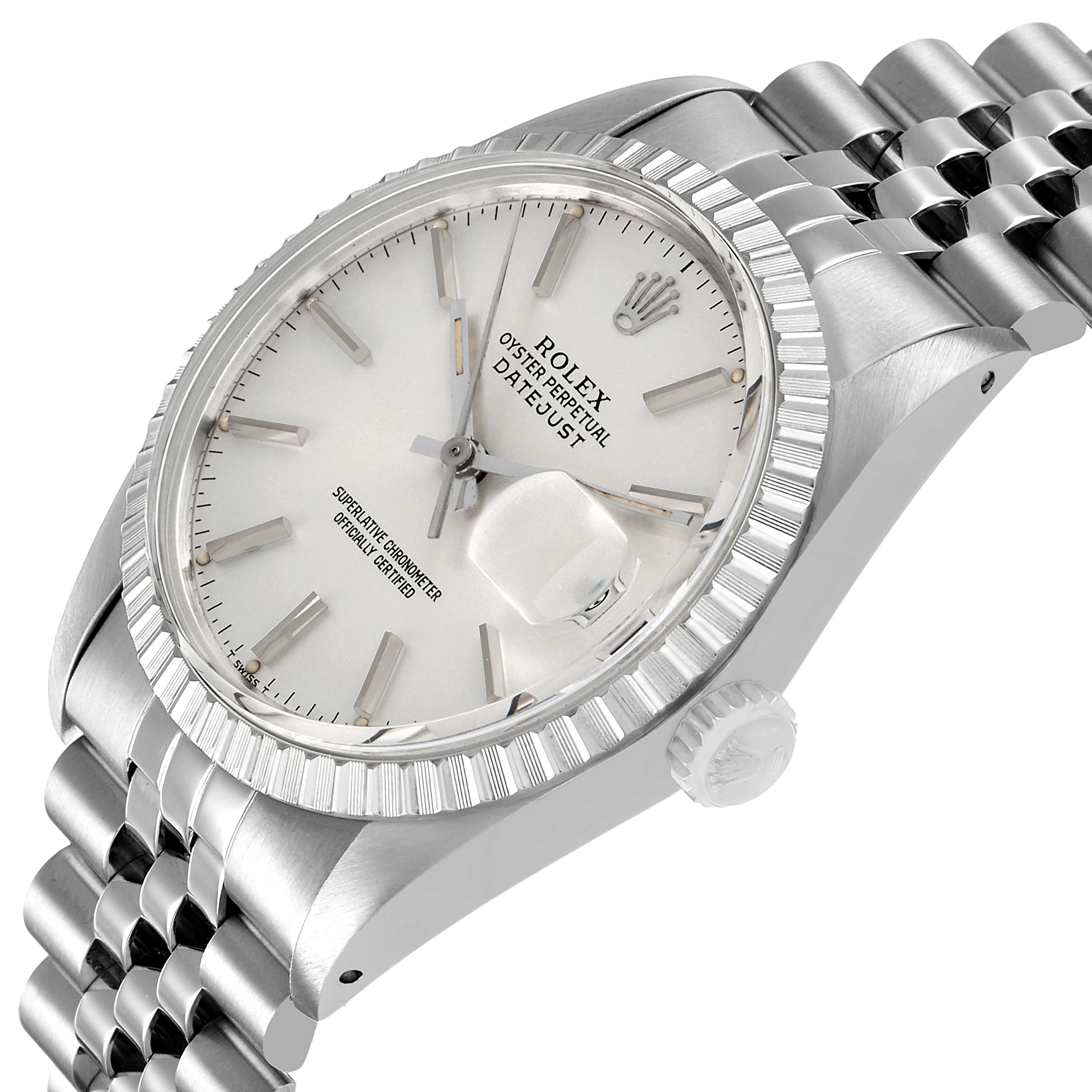 The Rolex Datejust 16030 Men's Stainless Steel Silver Dial is shown at a three-quarter angle, highlighting the white dial, fluted bezel, crown, and Jubilee bracelet.