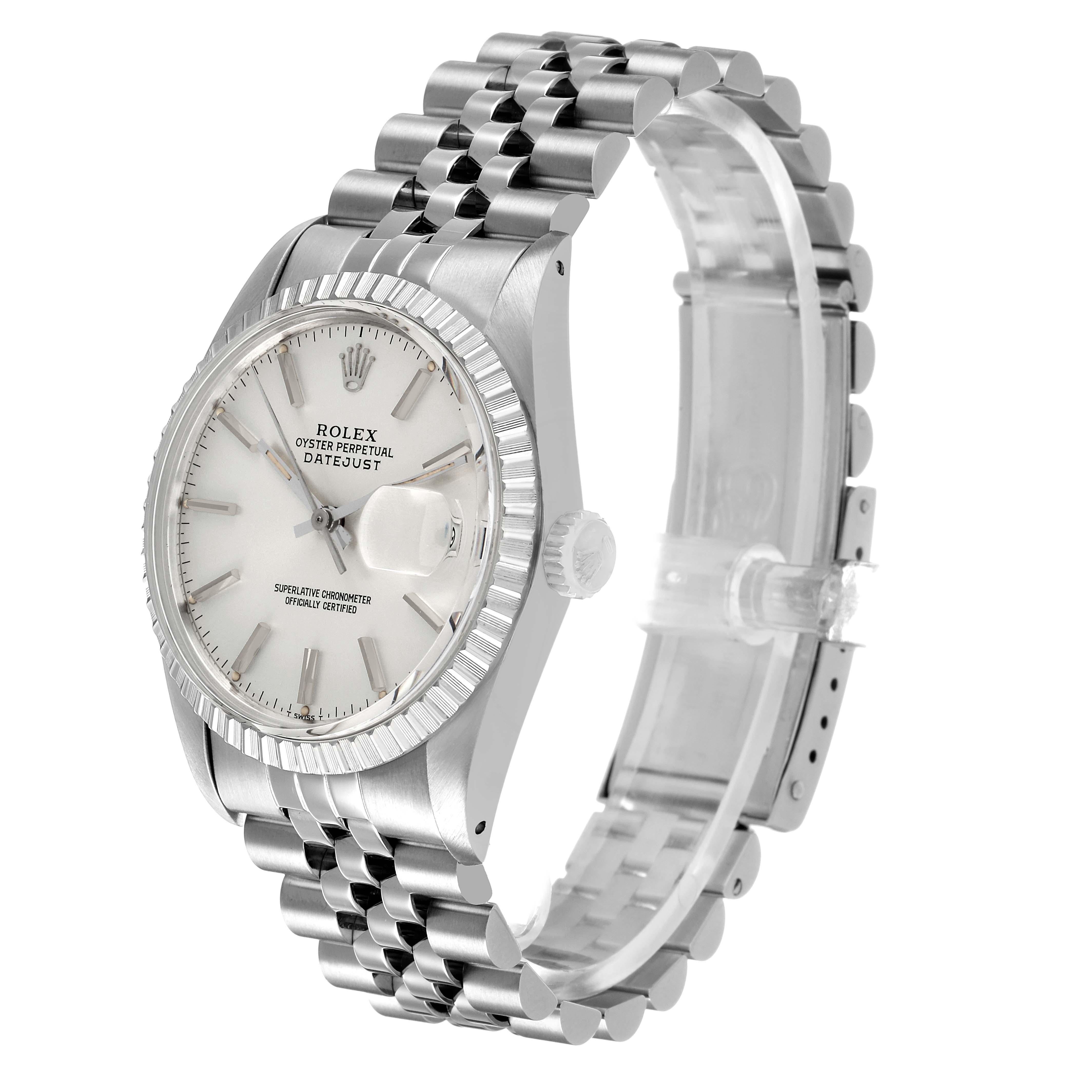 The Rolex Datejust 16030 Men's Stainless Steel Silver Dial watch is shown at a three-quarter angle, displaying the dial, bracelet, and fluted bezel.