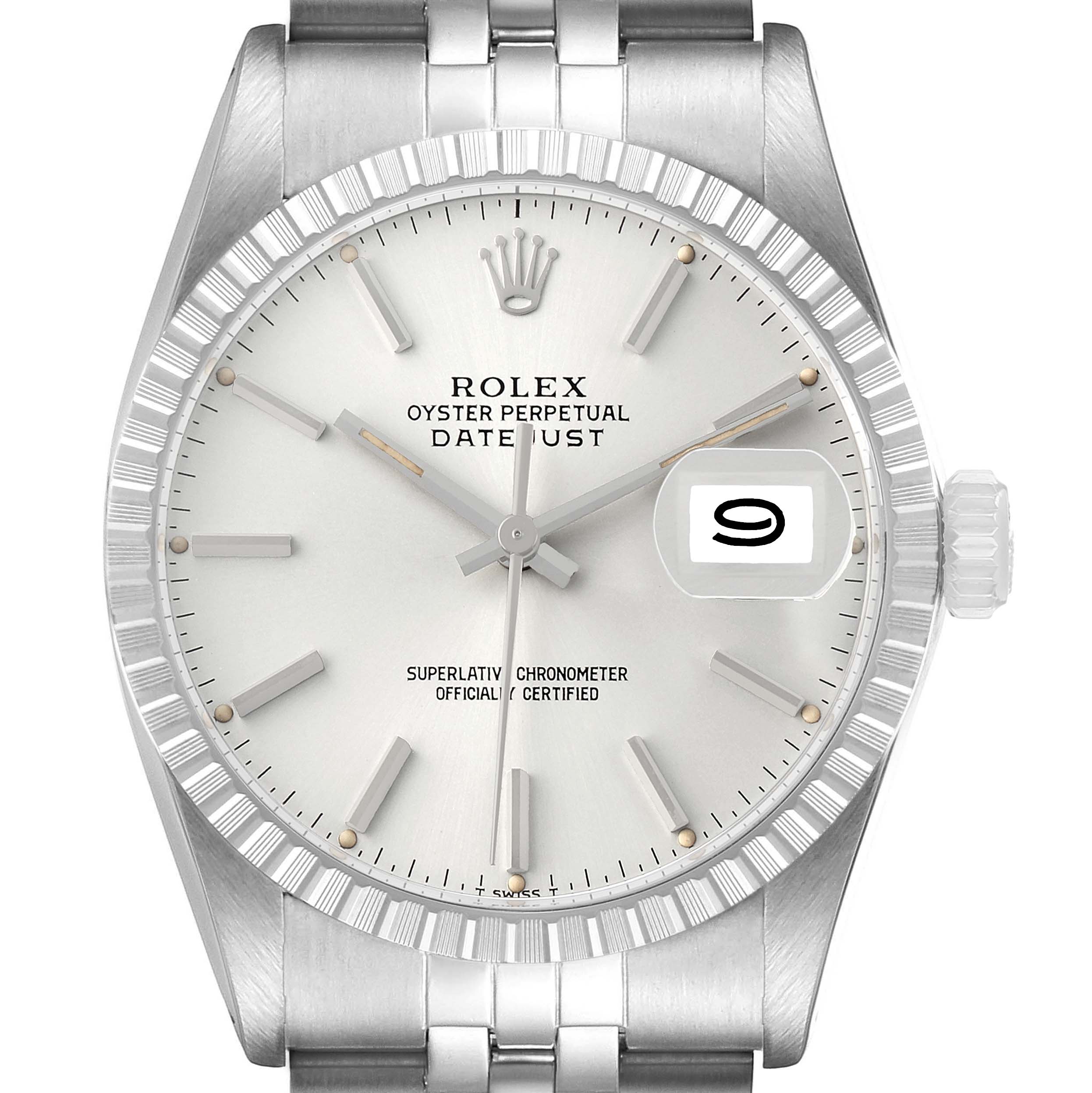 The Rolex Datejust 16030 Men's Stainless Steel Silver Dial watch is shown from a frontal angle, highlighting the dial, bezel, crown, and bracelet.