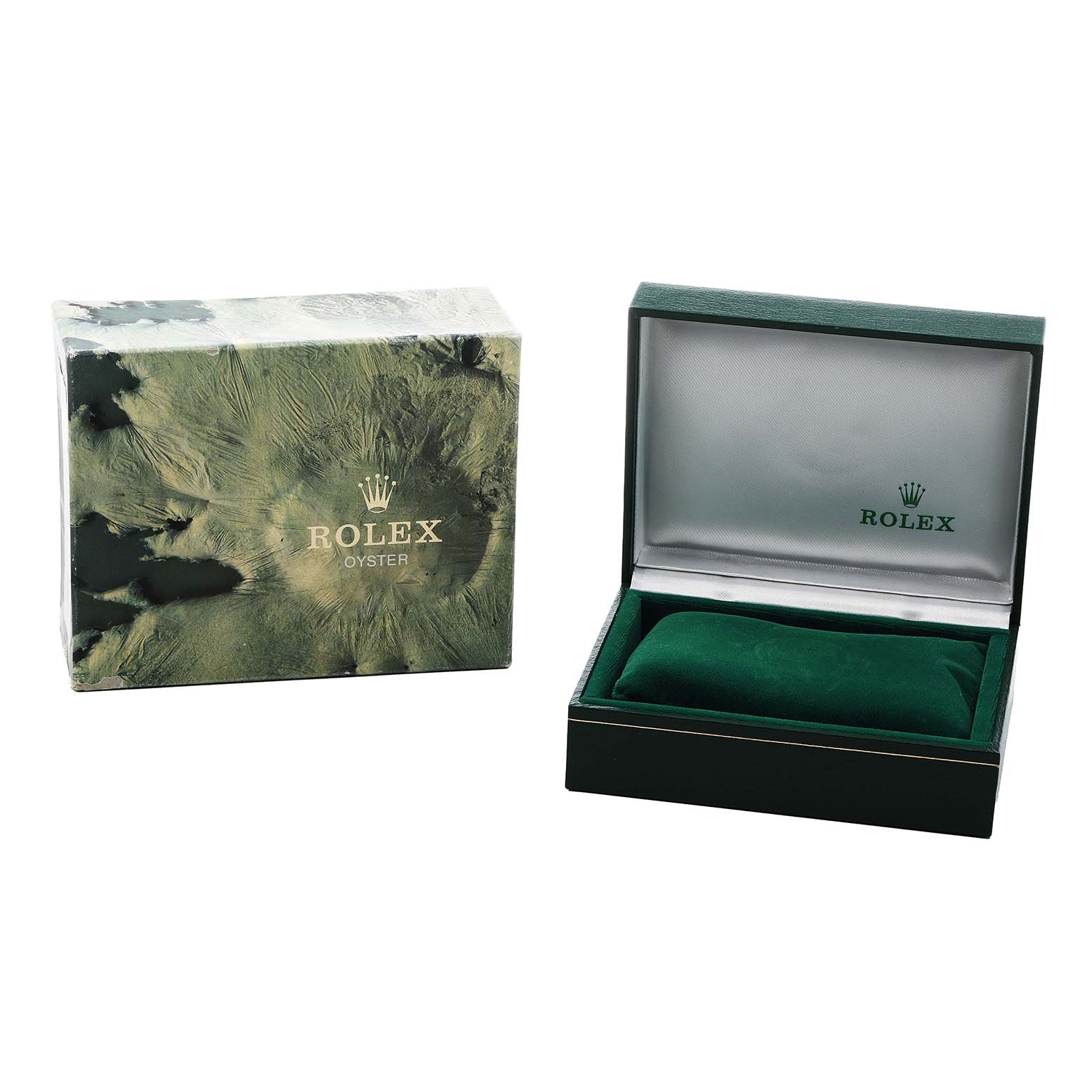 The image shows a Rolex Datejust 16030 Men's Stainless Steel Silver Dial box and an open green watch case, showcasing the packaging accessories.