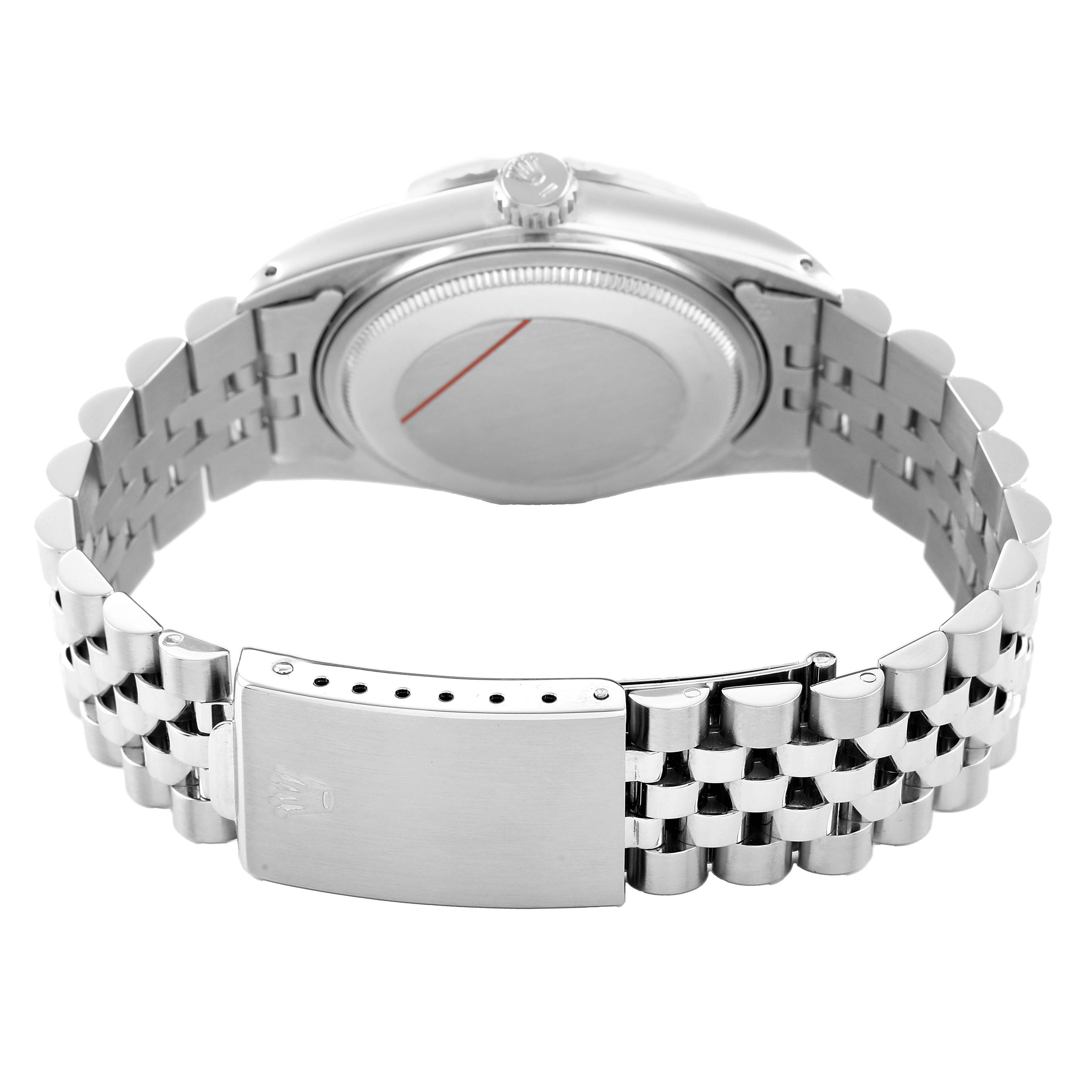 The image shows the back of a Rolex Datejust 16030 Men's Stainless Steel Silver Dial watch, focusing on the bracelet and clasp.