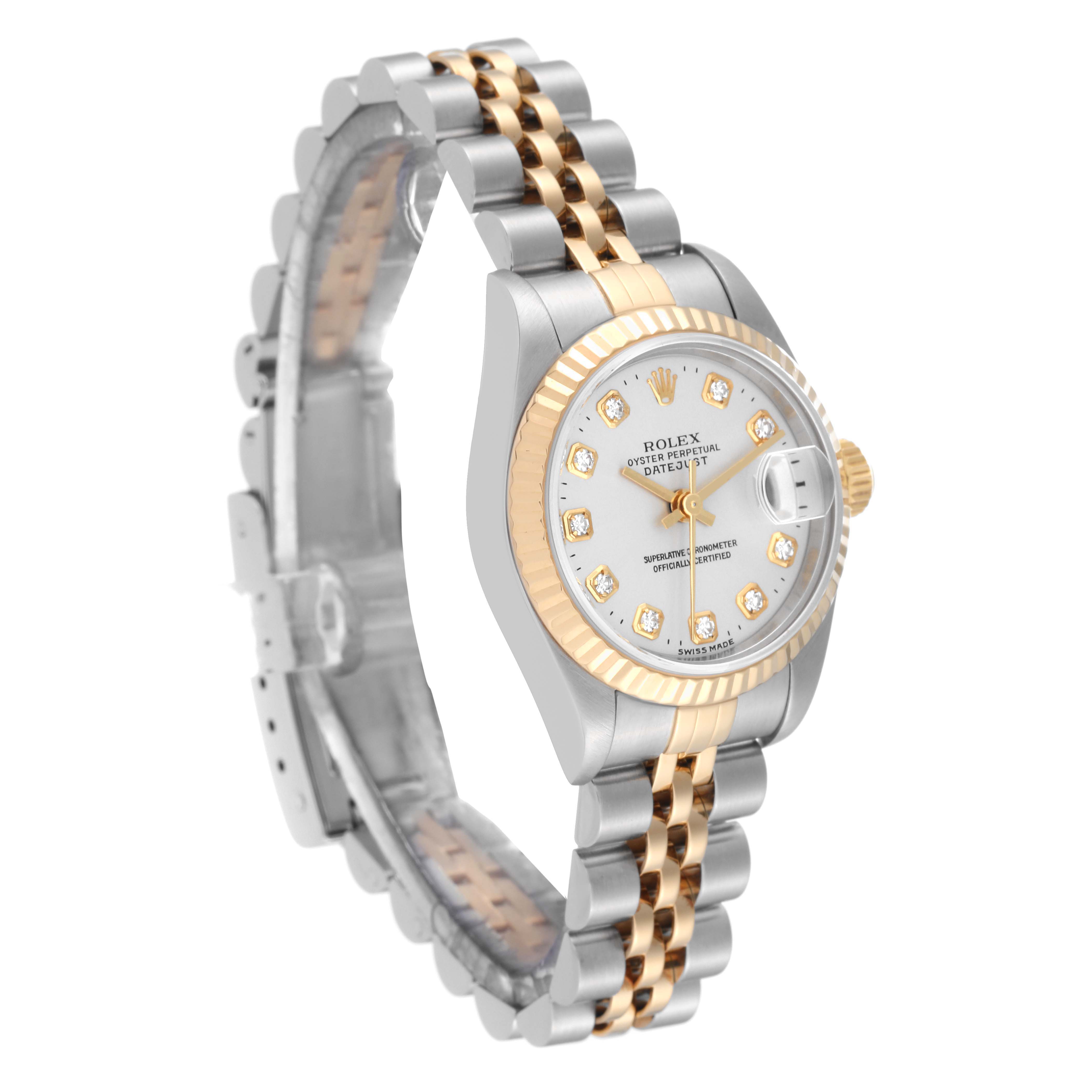 The image features a Rolex Datejust 69173 Women's Steel and Gold (two tone) Silver Dial 69173 Women's Steel and Gold (two tone) Silver Dial watch with a gold and silver Jubilee bracelet, fluted bezel, and diamond hour markers, angled to show the face and band.