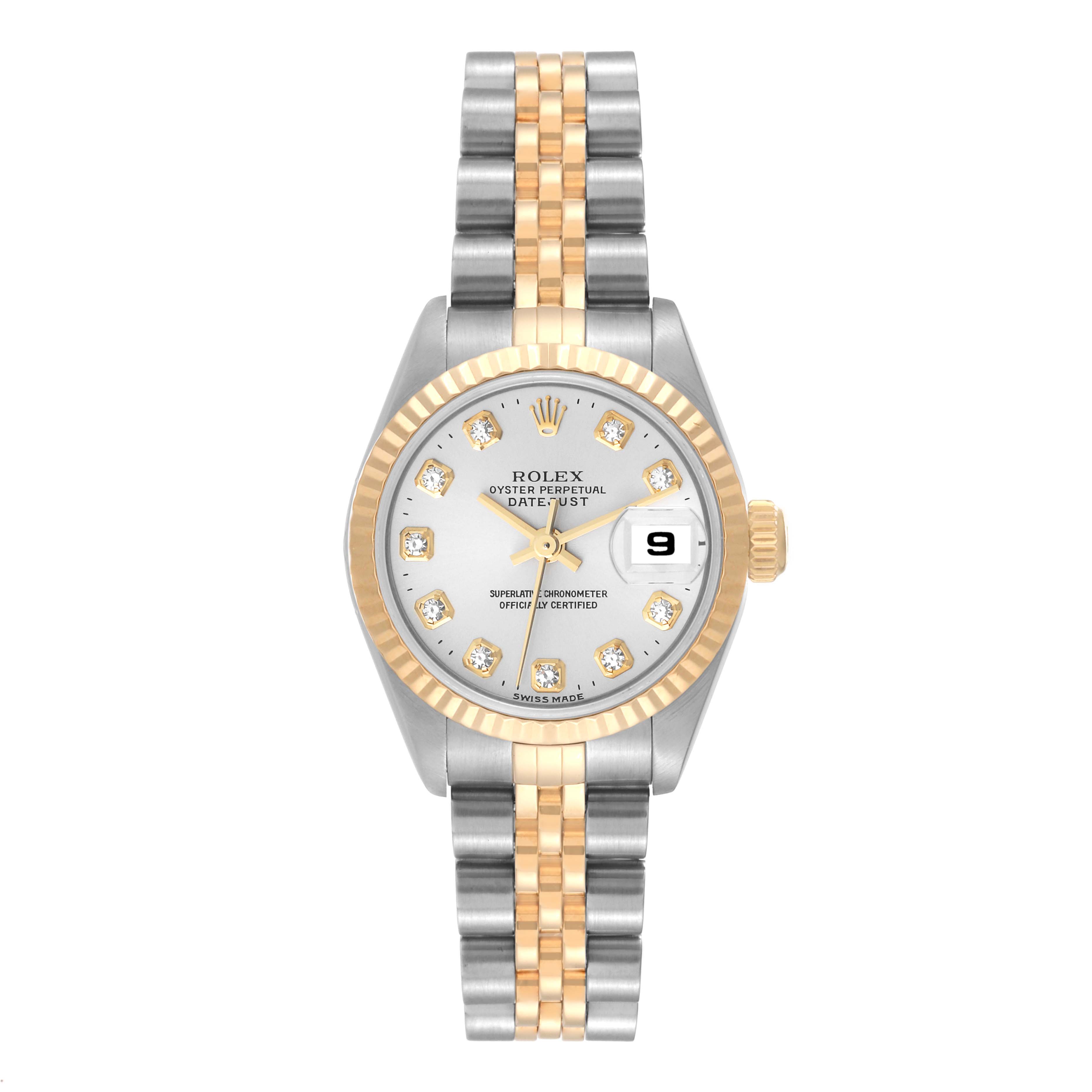 This image shows a front view of the Rolex Datejust 69173 Women's Steel and Gold (two tone) Silver Dial 69173 Women's Steel and Gold (two tone) Silver Dial watch, displaying the face, bezel, and bracelet.