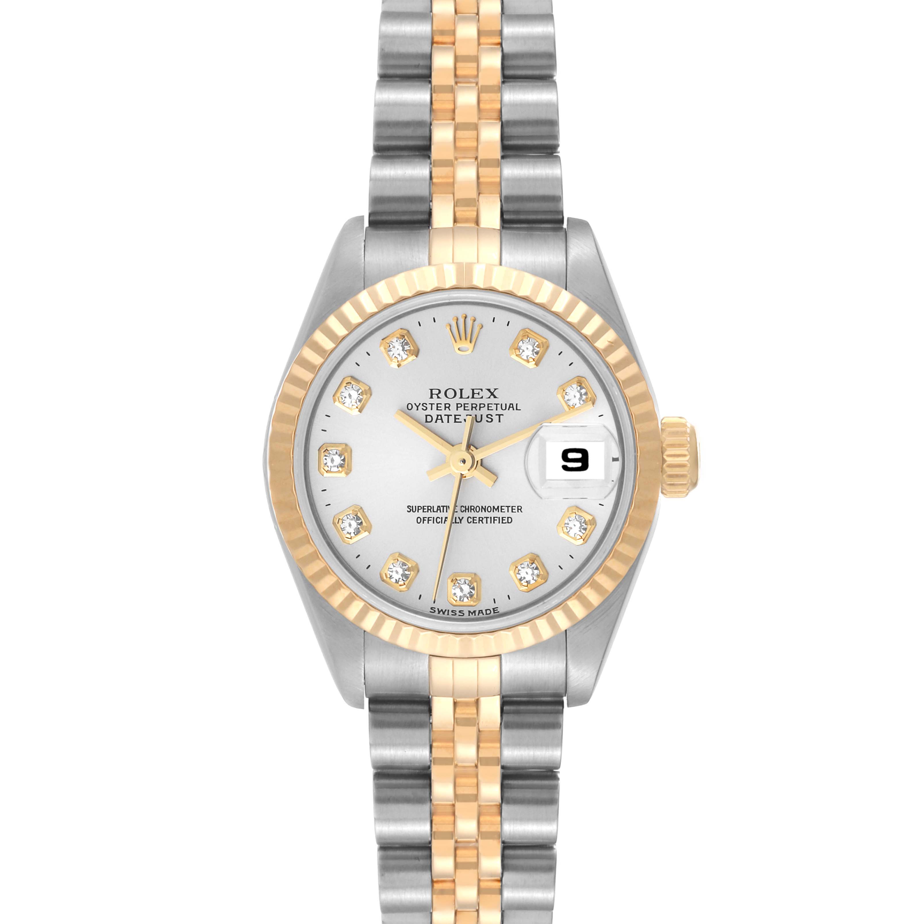 This image shows a front view of the Rolex Datejust 69173 Women's Steel and Gold (two tone) Silver Dial 69173 Women's Steel and Gold (two tone) Silver Dial watch, featuring a two-tone bracelet and a diamond-studded silver dial with a date window.
