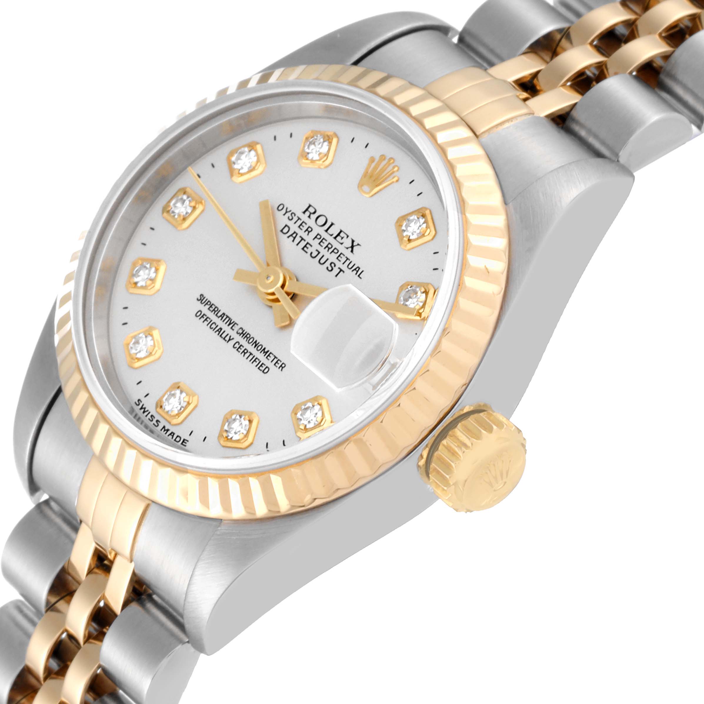 This image shows a close-up angled view of the Rolex Datejust 69173 Women's Steel and Gold (two tone) Silver Dial 69173 Women's Steel and Gold (two tone) Silver Dial model, highlighting the dial, bezel, crown, and jubilee bracelet.