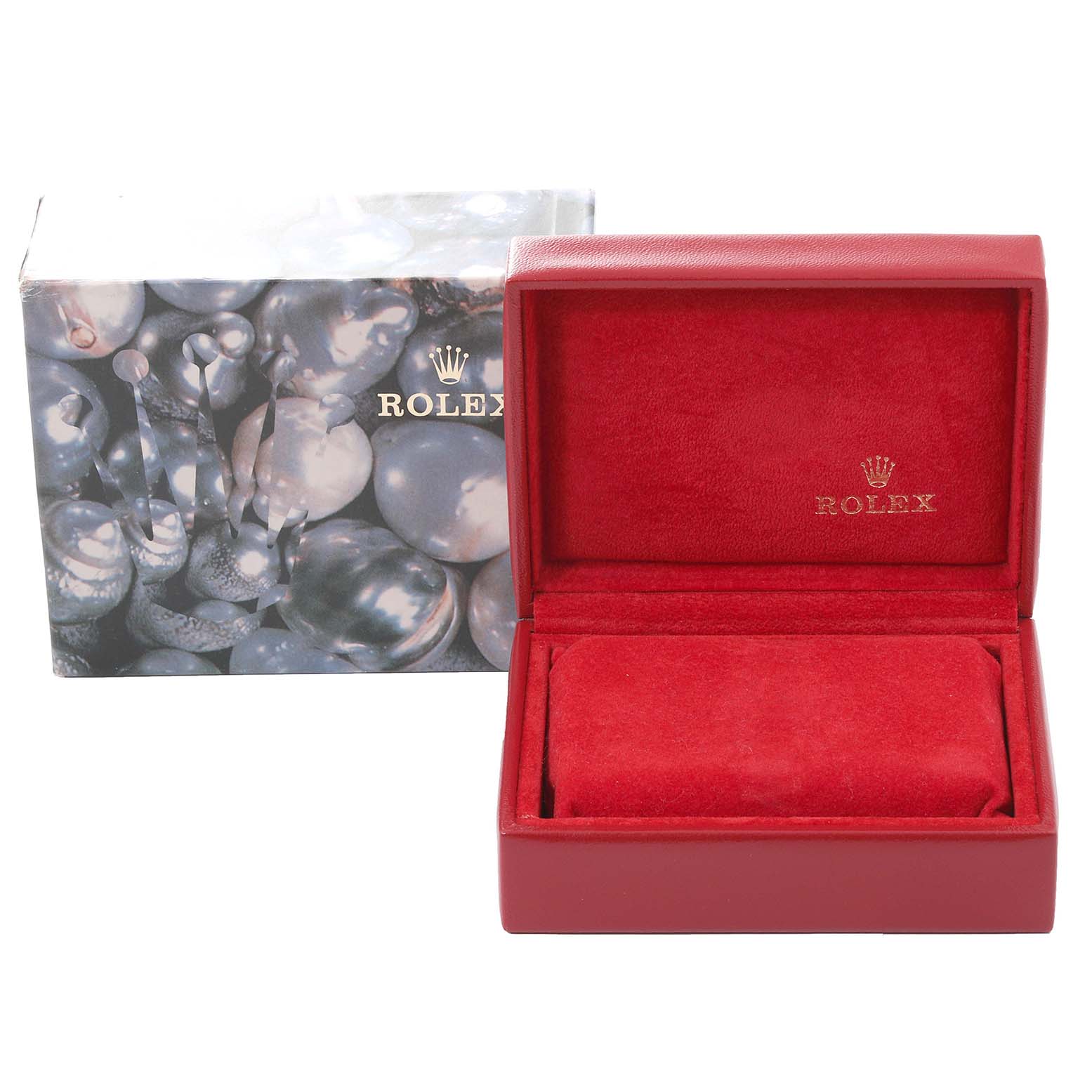 The image shows a Rolex Datejust 69173 Women's Steel and Gold (two tone) Silver Dial 69173 Women's Steel and Gold (two tone) Silver Dial watch's red velvet box and an outer box with a pearl-like design, both viewed from the front.