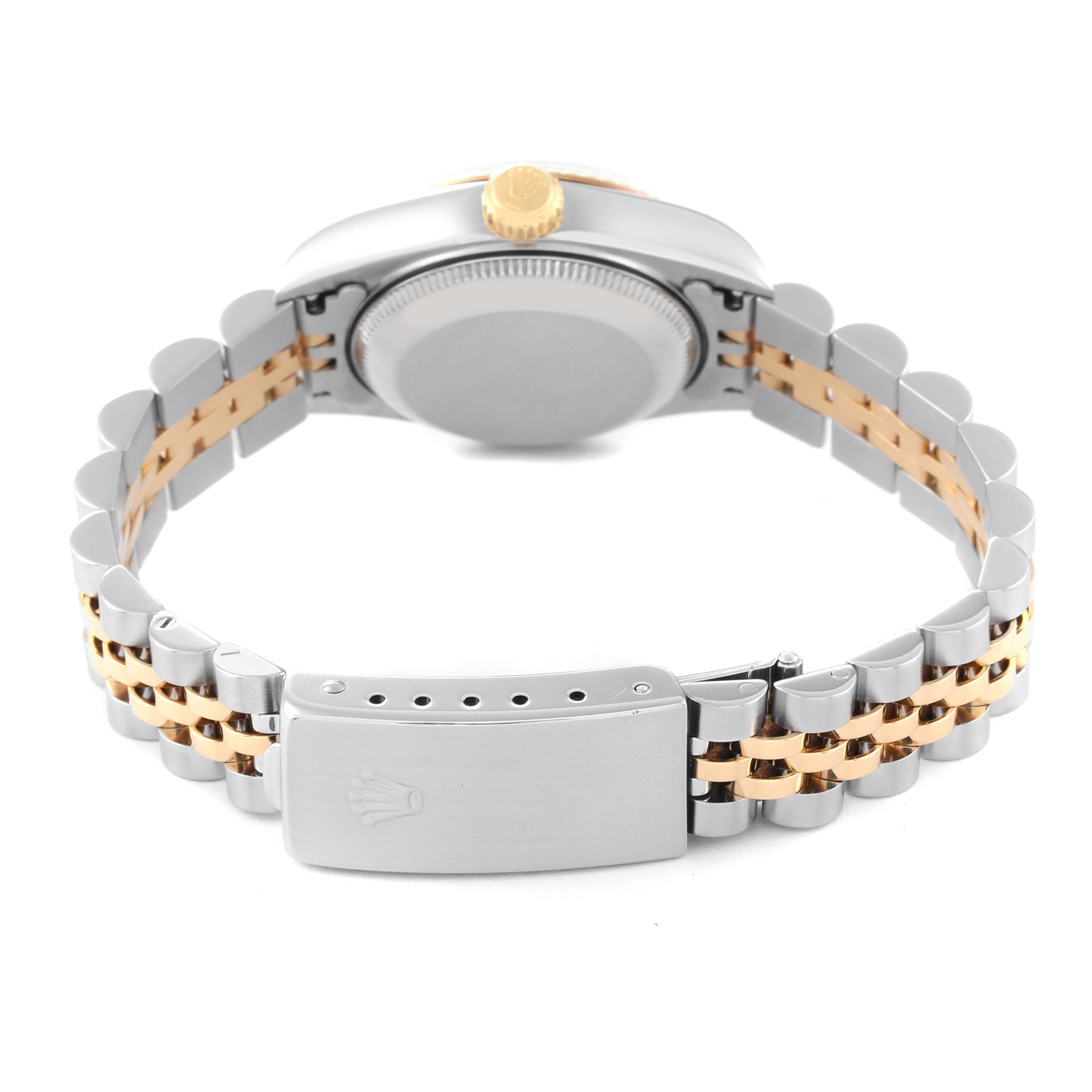 This image shows the backside of a Rolex Datejust 69173 Women's Steel and Gold (two tone) Silver Dial 69173 Women's Steel and Gold (two tone) Silver Dial watch, highlighting the clasp and bracelet in a combination of silver and gold.