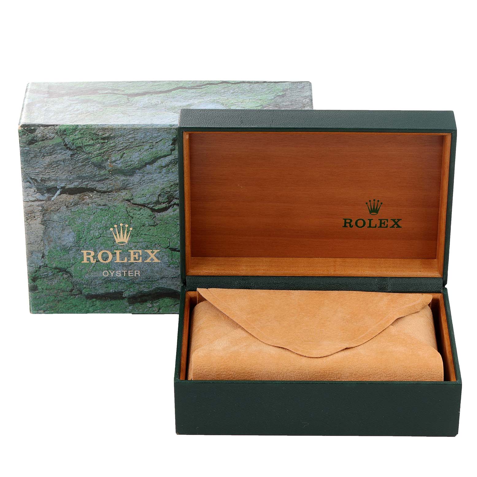 The image shows a Rolex Datejust 16233 Men's Steel and Gold (two tone) Champagne Dial 16233 Men's Steel and Gold (two tone) Champagne Dial box and sleeve packaging, with both the green outer and wooden inner boxes visible.