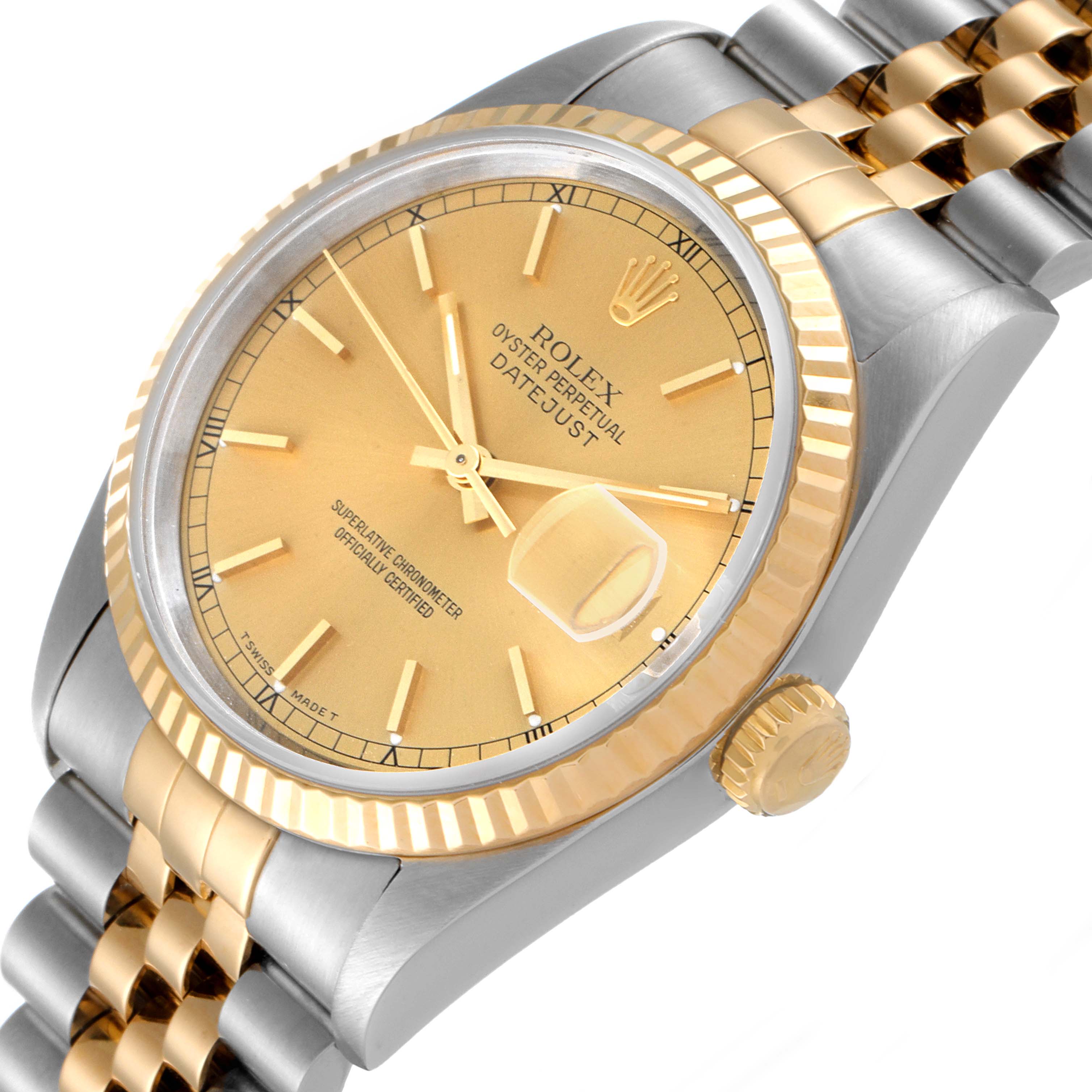 The image shows a Rolex Datejust 16233 Men's Steel and Gold (two tone) Champagne Dial 16233 Men's Steel and Gold (two tone) Champagne Dial watch at a slight angle, displaying the dial, bezel, case, and bracelet.